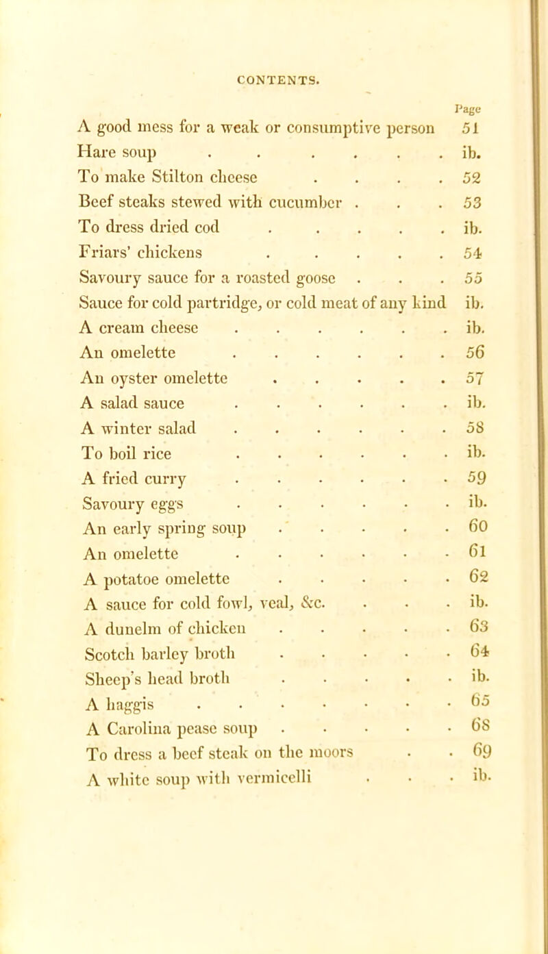 Page A good mess for a weak or consumptive person 51 Hare soup . . . . . . ib. To make Stilton cheese . . . .52 Beef steaks stewed with cucumber . . .53 To dress dried cod . . ib. Friars’ chickens . .... 54 Savoury sauce for a roasted goose . . .55 Sauce for cold partridge, or cold meat of any kind ib. A cream cheese ...... ib. An omelette ...... 56 An oyster omelette 57 A salad sauce ib. A winter salad ...... 58 To boil rice ib. A fried curry 59 Savoury eggs ib. An early spring soup . . . . .60 An omelette • • • • • . 6l A potatoe omelette . . • • .62 A sauce for cold fowl, veal, &c. . • . ib. A dunelm of chicken . . . • .63 Scotch barley broth . . • • .64 Sheep’s head broth ib. A haggis 65 A Carolina pease soup 68 To dress a beef steak on the moors . . 69 A white soup with vermicelli . • • ib.