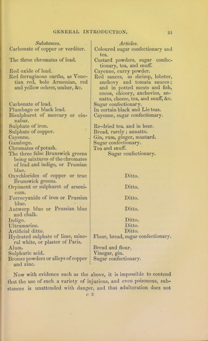 Substances. Carbonate of copper or verditer. The three chromates of lead. Red oxide of lead. Red ferruginous earths, as Vene- tian red, bole Armenian, red and yellow ochres, umber, &c. Carbonate of lead. Plumbago or black lead. Bisulphuret of mercury or cin- nabar. Sulphate of iron. Sulphate of copper. Cayenne. Gamboge. Chromates of potash. The three false Brunswick greens being mixtures of the chromates of lead and indigo, or Prussian blue. Oxychlorides of copper or true Brunswick greens. Orpiment or sulphuret of arseni- cum. Ferrocyanide of iron or Prussian blue. Antwerp blue or Prussian blue and chalk. Indigo. Ultramarine. Artificial ditto. Hydrated sulphate of lime, mine- ral white, or plaster of Paris. Alum. Sulphuric acid. Bronze powders or alloys of copper and zinc. Articles. Coloured sugar confectionary and tea. Custard powders, sugar confec- tionary, tea, and snuff. Cayenne, curry powder. Red sauces, as shrimp, lobster, anchovy and tomata sauces; and in potted meats and fish, cocoa, chicory, anchovies, an- natto, cheese, tea, and snuff, &c. Sugar confectionary. In certain black and Lie teas. Cayenne, sugar confectionary. Re-dried tea, and in beer. Bread, rarely ; annatto. Gin, rum, ginger, mustard. Sugar confectionary. Tea and snuff. Sugar confectionary. Ditto. Ditto. Ditto. Ditto. Ditto. Ditto. Ditto. Flour, bread, sugar confectionary. Bread and flour. Vinegar, gin. Sugar confectionary. Now with evidence such as the above, it is impossible to contend that the use of such a variety of injurious, and even poisonous, sub- stances is unattended with danger, and that adulteration does not C 3