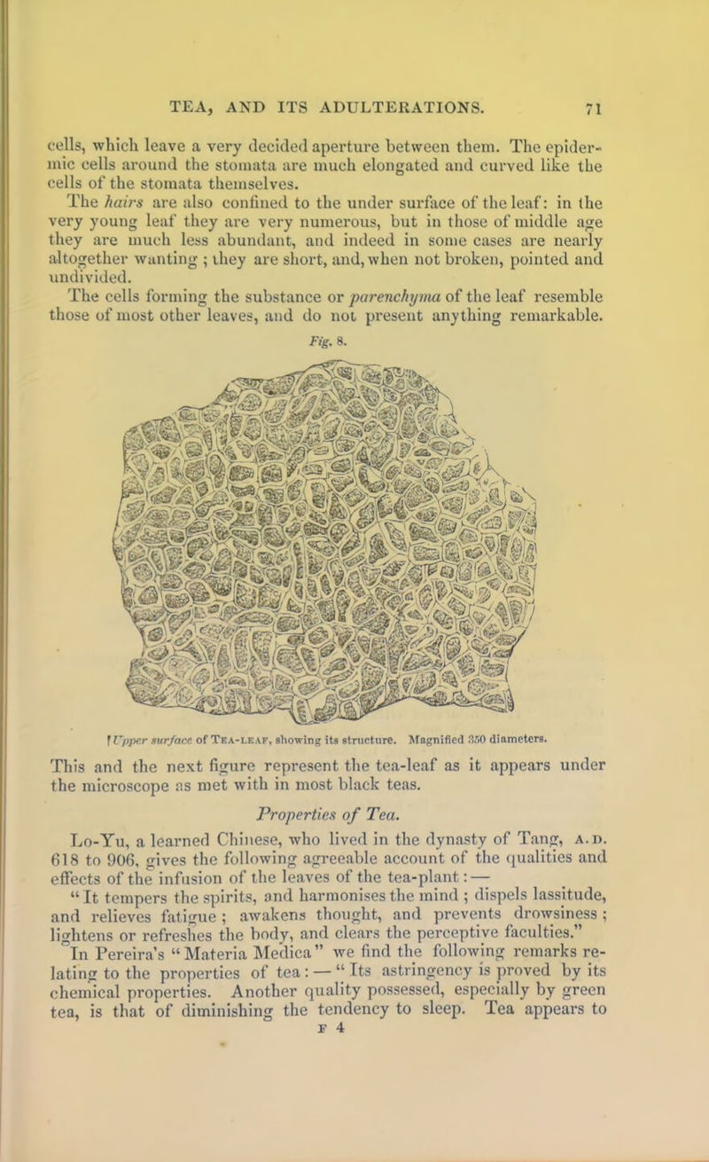 cells, which leave a very decided aperture between them. The epider- mic cells around the stomata are much elongated and curved like the cells of the stomata themselves. The hairs are also confined to the under surface of the leaf: in the very young leaf they are very numerous, but in those of middle age they are much less abundant, and indeed in some cases are nearly altogether wanting ; they are short, and, when not broken, pointed and undivided. The cells forming the substance or parenchyma of the leaf resemble those of most other leaves, and do not present anything remarkable. Fig. 8. f Upper surface of Tea-i.e,vf, showing its structure. Magnified 350 diameters. This and the next figure represent the tea-leaf as it appears under the microscope as met with in most black teas. Properties of Tea. Lo-Yu, a learned Chinese, who lived in the dynasty of Tang, a.d. 618 to 906, gives the following agreeable account of the qualities and effects of the infusion of the leaves of the tea-plant: — “ It tempers the spirits, and harmonises the mind ; dispels lassitude, and relieves fatigue ; awakens thought, and prevents drowsiness; lightens or refreshes the body, and clears the perceptive faculties.” In Pereira’s “Materia Medica” we find the following remarks re- lating to the properties of tea: — “ Its astringency is proved by its chemical properties. Another quality possessed, especially by green tea, is that of diminishing the tendency to sleep. Tea appears to F 4