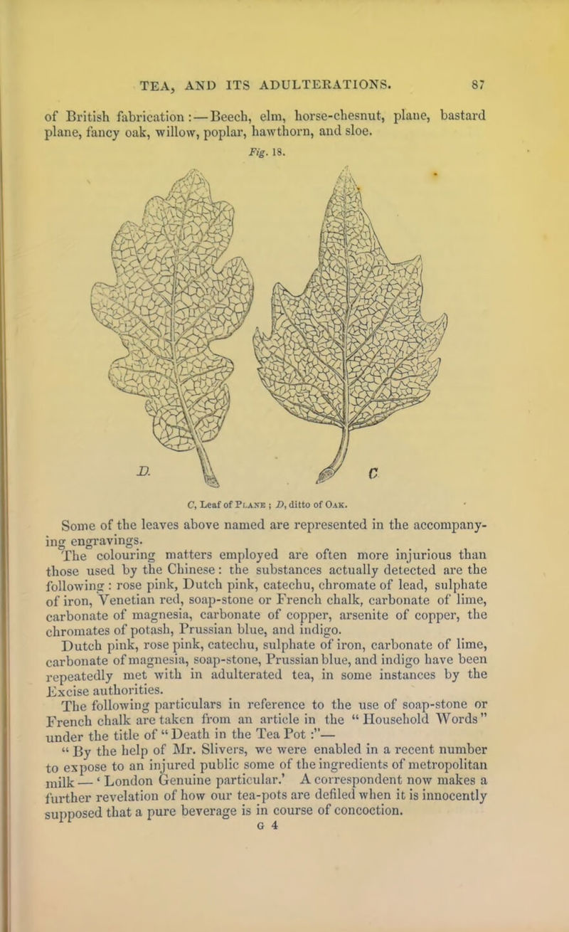 of British fabrication: — Beech, elm, liorse-chesnut, plane, bastard plane, fancy oak, willow, poplar, hawthorn, and sloe. Fig. 18. C, Leaf of Plaits ; D, ditto of Oak. Some of the leaves above named are represented in the accompany- ing engravings. The colouring matters employed are often more injurious than those used by the Chinese: the substances actually detected are the following : rose pink, Dutch pink, catechu, chromate of lead, sulphate of iron, Venetian red, soap-stone or French chalk, carbonate of lime, carbonate of magnesia, carbonate of copper, arsenite of copper, the chromates of potash, Prussian blue, and indigo. Dutch pink, rose pink, catechu, sulphate of iron, carbonate of lime, carbonate of magnesia, soap-stone, Prussian blue, and indigo have been repeatedly met with in adulterated tea, in some instances by the Fxcise authorities. The following particulars in reference to the use of soap-stone or French chalk are taken from an article in the “Household Words” under the title of “Death in the TeaPot — “ By the help of Mr. Slivers, we were enabled in a recent number to expose to an injured public some of the ingredients of metropolitan milk — ‘ London Genuine particular.’ A correspondent now makes a further revelation of how our tea-pots are defiled when it is innocently supposed that a pure beverage is in course of concoction.