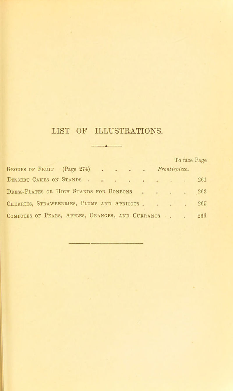 LIST OF ILLUSTRATIONS. Groups of Fruit (Page 274) Dessert Cakes on Stands Dress-Plates or High Stands for Bonbons Cherries, Strawberries, Plums and Apricots . Compotes of Pears, Apples, Oranges, and Currants To face Page Frontispiece. 261 263 265 266