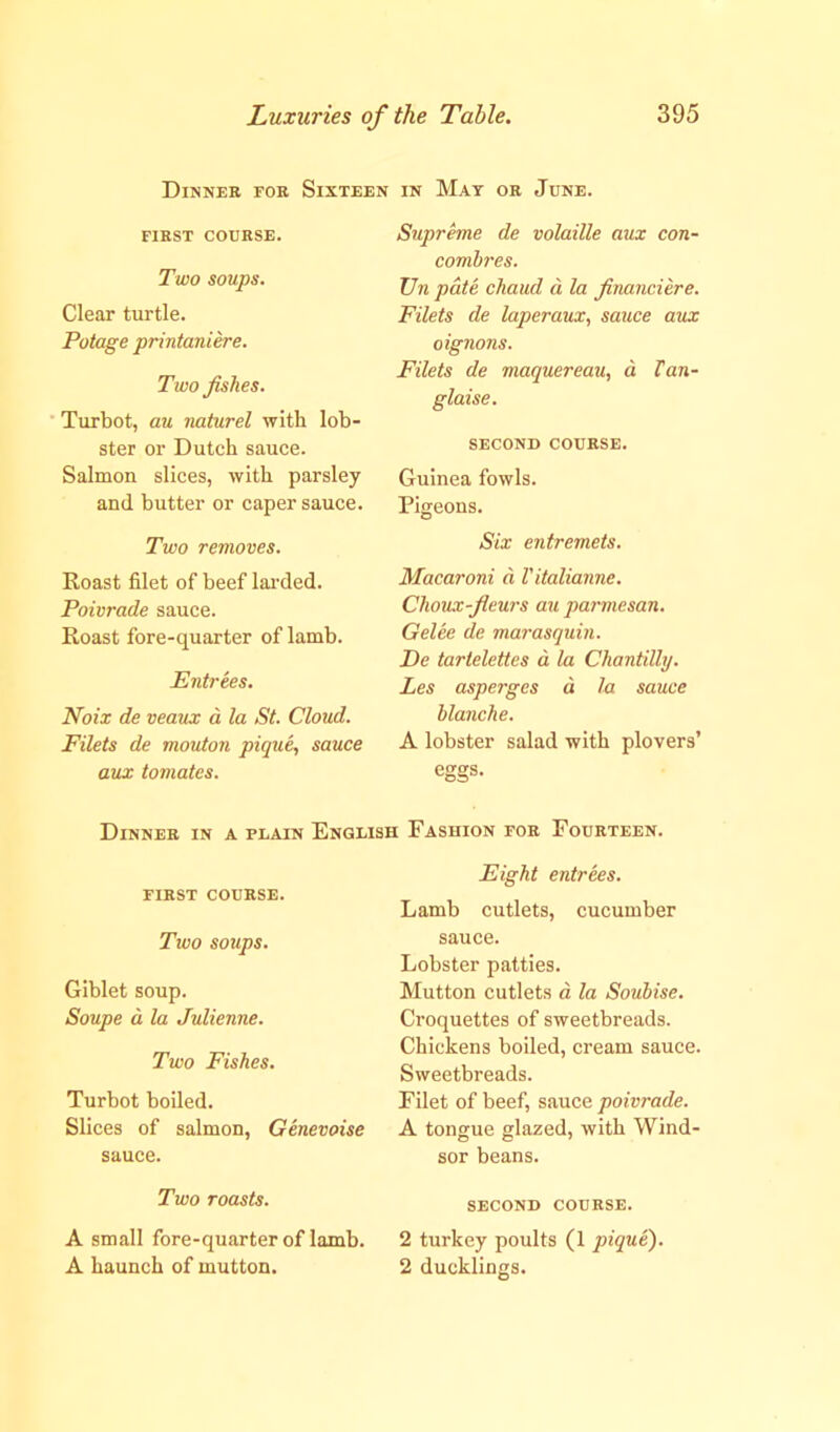 Dinner for Sixteen in Mat or June. FIRST COURSE. Two soups. Clear turtle. Potage printaniere. Two fishes. Turbot, au naturel with lob- ster or Dutch sauce. Salmon slices, with parsley and butter or caper sauce. Two removes. Roast filet of beef larded. Poivrade sauce. Roast fore-quarter of lamb. Entrees. Noix de veaux a la St. Cloud. Filets de mouton pique, sauce aux tomates. Supreme de volaille aux con- comhres. JJn pate chaud a la financiere. Filets de laperaux, sauce aux oignons. Filets de maquereau, a Tan- glais e. SECOND COURSE. Guinea fowls. Pigeons. Six entremets. Macaroni a Vitalianne. Clwux-fieurs au parmesan. Gelee de marasquin. De tartelettes d la Chantilly. Les asperges d la sauce blanche. A lobster salad with plovers’ eggs. Dinner in a plain English Fashion for Fourteen. FIRST COURSE. Two soups. Giblet soup. Soupe a la Julienne. Two Fishes. Turbot boiled. Slices of salmon, Genevoise sauce. Two roasts. A small fore-quarter of lamb. A haunch of mutton. Eight entrees. Lamb cutlets, cucumber sauce. Lobster patties. Mutton cutlets a la Soubise. Croquettes of sweetbreads. Chickens boiled, cream sauce. Sweetbreads. Filet of beef, sauce poivrade. A tongue glazed, with Wind- sor beans. SECOND COURSE. 2 turkey poults (1 pique). 2 ducklings.