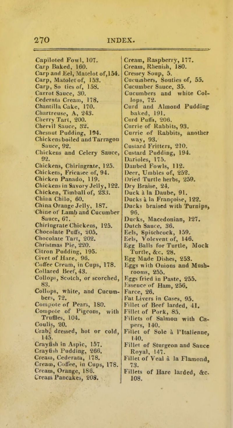 Capiloted Fowl, 107. Carp Baked, 160. Carp and Eel, Matelot of,154. Carp, Matolet of, 153. Carp, So ties of, 158. Carrot Sauce, 30. Cederata Cream, 178. Chantilla Cake, 170. Chartreuse, A, 243. Cherry Tart, 200. Chervil Sauce, 32. Chesnut Pudding, 194. Chickens boiled and Tarragon Sauce, 92. Chickens and Celery Sauce, 92. Chickens, Chiringrate, 125. Chickens, Fricasee of, 94. Chicken Panado, 119. Chickens in Savory Jelly, 122. Chicken, Timball of, 233. China Chilo, 60. China Orange Jelly, 187. Chine of Lamb and Cucumber Sauce, 67. Chiringrate Chickens, 125. Chocolate Puffs, 205. Chocolate Tart, 202. Christmas Pie, 220. Citron Pudding, 195. Civet of Hare, 96. Coffee Cream, in Cups, 178. Collared Beef, 43. Collops, Scotch, or scorched, 83. Collops, white, and Cucum- bers, 72. Compote of Pears, 180. Compote of Pigeons, with Truflles, 104. Coulis, 20. Crab, dressed, hot or cold, 145. Crayfish in Aspic, 157. Crayfish Pudding, 266. Cream, Cederata, 178. Cream, Coffee, in Cups, 178. Cream, Orange, 1S6. Cream Pancakes, 208. Cream, Raspberry, 177. Cream, Rhenish, 180. Cressey Soup, 5. Cucumbers, Souties of, 55. Cucumber Sauce, 35. Cucumbers and white Col- lops, 72. Curd and Almond Pudding baked, 191. Curd Puffs, 206. Currie of Rabbits, 93. Currie of Rabbits, another way, 93. Custard Fritters, 210. Custard Pudding, 194. Darioles, 175. Daubed Fowls, 112. Deer, Umbles of, 252. Dried Turtle herbs, 259. Dry Braise, 24. Duck it la Daube, 91. Ducks a la Franfoise, 122. Ducks braised with Turnips, 96. Ducks, Macedonian, 127. Dutch Sauce, 36. Eels, Spitcbcock, 159. Eels, Volevent of, 146. Egg Balls for Turtle, Mock Turtle, &c. 28. Egg Made Dishes, 253. Eggs with Onions and Mush- rooms, 255. Eggs fried in Paste, 255. Essence of Ham, 256. Farce, 26. Fat Livers in Cases, 95. Fillet of Beef larded, 41. Fillet of Pork, 85. Fillets of Salmon with Ca- pers, 140. Fillet of Sole a Pltalienne, 140. Fillet of Sturgeon and Sauce Royal, 147. Fillet of Veal a la Flamond, 73. Fillets of Hare larded, &c. 108.