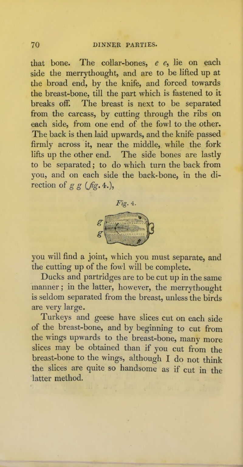 that bone. The collar-bones, e e, lie on each side the merrythought, and are to be lifted up at the broad end, by the knife, and forced towards the breast-bone, till the part which is fastened to it breaks off. The breast is next to be separated from the carcass, by cutting through the ribs on each side, from one end of the fowl to the other. The back is then laid upwards, and the knife passed firmly across it, near the middle, while the fork lifts up the other end. The side bones are lastly to be separated; to do which turn the back from you, and on each side the back-bone, in the di- rection of g g (fg. 4.), Fig. 4. you will find a joint, which you must separate, and the cutting up of the fowl will be complete. Ducks and partridges are to be cut up in the same manner; in the latter, however, the merrythought is seldom separated from the breast, unless the birds are very large. Turkeys and geese have slices cut on each side of the breast-bone, and by beginning to cut from the wings upwards to the breast-bone, many more slices may be obtained than if you cut from the breast-bone to the wings, although I do not think the slices are quite so handsome as if cut in the latter method.