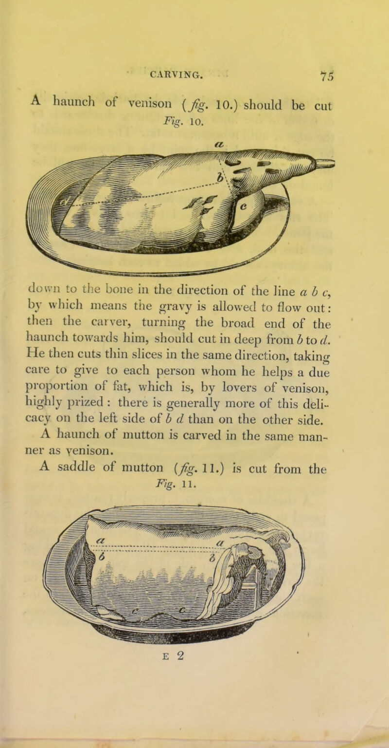 A haunch ol venison {Jig. 10.) should be cut Fig. 10. a down to the bone in the direction of the line a b c, by which means the gravy is allowed to flow out: then the carver, turning the broad end of the haunch towards him, should cut in deep from b to d. He then cuts thin slices in the same direction, taking care to give to each person whom he helps a due proportion of fat, which is, by lovers of venison, highly prized : there is generally more of this deli- cacy on the left side of b d than on the other side. A haunch of mutton is carved in the same man- ner as yenison. A saddle of mutton {fig. 11.) is cut from the Fig. ll.