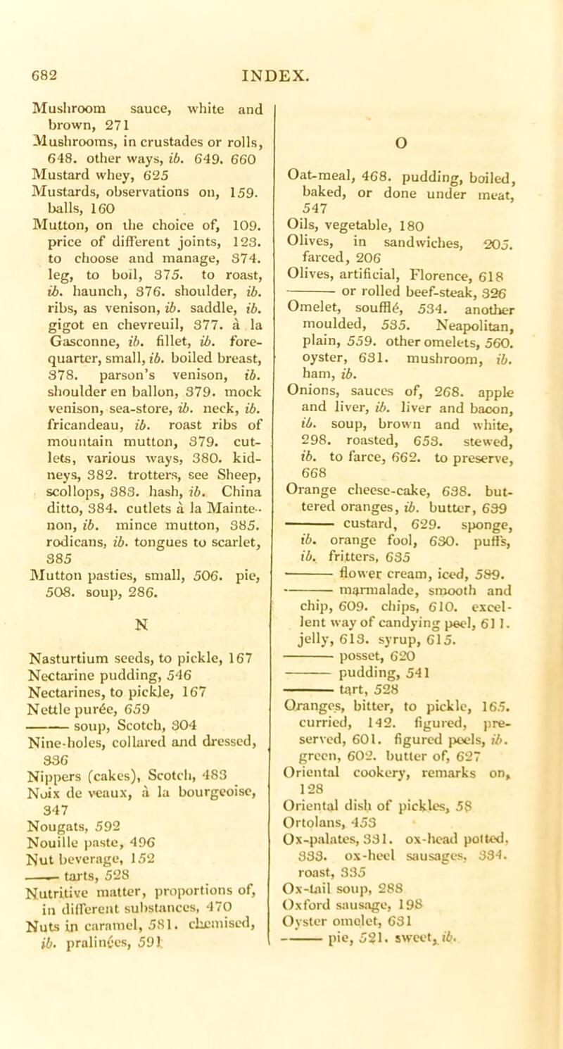 Mushroom sauce, white and brown, 271 Mushrooms, in crustades or rolls, 648. other ways, ib. 649. 660 Mustard whey, 625 Mustards, observations on, 159. balls, 160 Mutton, on the choice of, 109. price of different joints, 123. to choose and manage, 374. leg, to boil, 375. to roast, ib. haunch, 376. shoulder, ib. ribs, as venison, ib. saddle, ib. gigot en chevreuil, 377. a la Gasconne, ib. fillet, ib. fore- quarter, small, ib. boiled breast, 378. parson’s venison, ib. shoulder en ballon, 379. mock venison, sea-store, ib. neck, ib. fricandeau, ib. roast ribs of mountain mutton, 379. cut- lets, various ways, 380. kid- neys, 382. trotters, see Sheep, scollops, 383. hash, ib. China ditto, 384. cutlets a la Mainte- non, ib. mince mutton, 385. rodicans, ib. tongues to scarlet, 885 Mutton pasties, small, 506. pie, 508. soup, 286. N Nasturtium seeds, to pickle, 167 Nectarine pudding, 546 Nectarines, to pickle, 167 Nettle pur6e, 659 soup, Scotch, 304 Nine-holes, collared and dressed, 336 Nippers (cakes), Scotch, 483 Noix de veaux, a la bourgeoise, 347 Nougats, 592 Nouille paste, 496 Nut beverage, 152 • ■- tarts, 528 Nutritive matter, proportions of, in different substances, 470 Nuts in caramel, 581. chemised, ib. pralin6es, 591: O Oat-meal, 468. pudding, boiled, baked, or done under meat, 547 Oils, vegetable, 180 Olives, in sandwiches, 205. farced, 206 Olives, artificial, Florence, 618 or rolled beef-steak, 326 Omelet, souffle, 534. another moulded, 535. Neapolitan, plain, 559. other omelets, 560. oyster, 631. mushroom, ib. ham, ib. Onions, sauces of, 268. apple and liver, ib. liver and bacon, ib. soup, brown and white, 298. roasted, 653. stewed, ib. to farce, 662. to preserve, 668 Orange cheese-cake, 638. but- tered oranges, ib. butter, 639 custard, 629. sponge, ib. orange fool, 630. puffs, ib. fritters, 635 • flower cream, iced, 589. marmalade, smooth and chip, 609. chips, 610. excel- lent way of candying peel, 611. jelly, 613. syrup, 615. posset, 620 pudding, 541 tart, 528 Oranges, bitter, to pickle, 165. curried, 142. figured, pre- served, 601. figured peels, ib. green, 602. butter of, 627 Oriental cookery, remarks on, 128 Oriental dish of pickles, 58 Ortolans, 453 Ox-palates, 331. ox-head potted. 333. ox-heel sausages, 334. roast, 335 Ox-tail soup, 288 Oxford sausage, 198 Oyster omolet, 631 pie, 521. sweety ib.