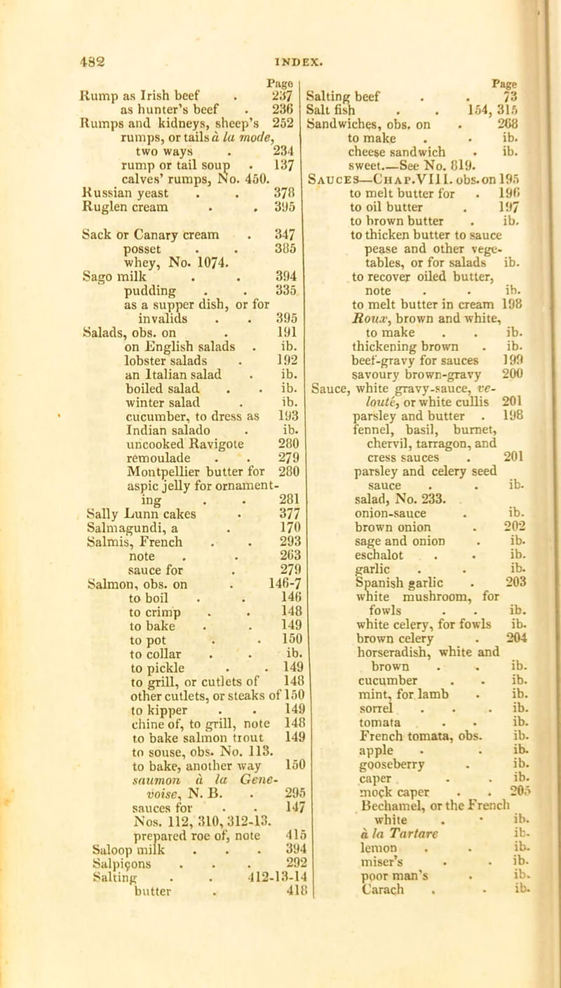 Pftgo Rump as Irish beef . 237 as hunter’s beef . 236 Rumps and kidneys, sheep’s 252 rumps, or tails d la mode, two ways . 234 rump or tail soup . 137 calves’ rumps, No. 450. Russian yeast . . 376 Ruglen cream . , 305 Sack or Canary cream . 347 posset . . 305 whey, No. 1074. Sago milk . . 394 pudding . . 335 as a supper dish, or for invalids . . 395 Salads, obs. on . 191 on English salads . ib. lobster salads . 192 an Italian salad . ib. boiled salad . . ib. winter salad . ib. cucumber, to dress as 193 Indian salado . ib. uncooked Ravigote 280 remoulade . . 279 Montpellier butter for 280 aspic jelly for ornament- Salting beef Salt fish Sandwiches, obs. c to make cheese sandwich Page 73 154, 315 268 . ib. . ib. mg Sally Lunn cakes Salmagundi, a Salmis, French note sauce for Salmon, obs. on to boil to crimp to bake 281 377 170 293 263 279 146-7 146 148 149 to pot . . 150 to collar . . ib. to pickle . .149 to grill, or cutlets of 148 other cutlets, or steaks of 150 to kipper . . 149 chine of, to grill, note 148 to bake salmon trout 149 to souse, obs. No. 113. to bake, another way 150 snumon d la Gene- voise, N. B. . 295 sauces for . . 147 Nos. 112, 310,312-13. prepared roe of, note 415 Saloop milk . . . 394 Salpicons . . . 292 Salting . . 412-13-14 butter . 418 sweet See No. 819. Sauces—Chap.VII 1. obs. on 195 to melt butter for . 196 to oil butter . 197 to brown butter . ib. to thicken butter to sauce pease and other vege- tables, or for salads ib. to recover oUed butter, note . . ib. to melt butter in cream 198 Roux, brown and white, to make . . ib. thickening brown . ib. beef-gravy for sauces 199 savoury brown-gravy 200 Sauce, white gravy-sauce, ve- loute, or white cuUis 201 parsley and butter . 198 fennel, basil, bumet, chervil, tarragon, and cress sauces . 201 parsley and celery seed sauce . . ib. salad. No. 233. onion-sauce . ib. brown onion . 202 sage and onion . ib. eschalot . . ib. garlic . . ib. Spanish garlic . 203 white mushroom, for fowls . . ib. white celery, for fowls ib. brown celery . 204 horseradish, white and brown . . ib. cucumber . . ib. mint, for lamb . ib. sorrel . . . ib. tomata . . ib. French tomata, obs. ib. apple . . ib. gooseberry . ib. caper . . ib. mock caper . . 20.i Bechamel, or the French white . • ib. d la Tartare ib. lemon . . ib. miser’s . • ib. poor man’s . ib. Carach . • ib.