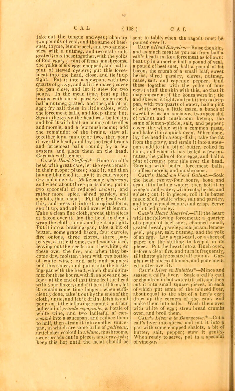 take out the touBue and eyes; chop up two pounds of veal, and the same of beef- suet, thyme, lemon-peel, and two anclio- vies, with a nutmeg, and two stale rolls grated; mix these together, with the yolks of four eggs, a pint of fresh mushrooms, the yolks of six eggs chopped, and half a pint of stewed oysters; put this force- meat into the head, close, and tie it up tight. Put it into a stewpan, with two quarts of gravy, and a little mace ; cover the pan close, and let it stew for two Jaours. In the mean time, heat up the brains with shred parsley, lemon-peel, half a nutmeg grated, and the yolk of an egg; fry half these in little cakes, with the forcemeat balls, and keep them hot. Strain the gravy the head was boiled in, and boil it with half an ounce of truffles and morels, and a few mushrooms ; add the remainder of the brains, stew all together for a minute or two, then pour it over the head, and lay the fried brains and forcemeat balls round; fry a few oysters, and place them on the head. Garnish with lemon. i Calf’s Head Slvffed.*—Bone a calf’s head with great care, let the eyes remain in their proper places; soak it, and then having blanched it, lay it in cold water; dry and singe it. Make some godiveau, and when about three parts done, put in two spoonsful of reduced velouiS, and rather more spice, shred parsley, and shalots, than usual. Fill the head with this, and press it into its original form, sew it up, and ruh it all over with lemon. Take a clean fine cloth, spread thin slices of bacon over it, lay the bead in them; wrap the cloth round, and lie it up tight. Put it into a braising-pan, take a bit of butter, some grated bacon, four cariots, five onions, three cloves, three bay- leaves, a little thyme, two lemons sliced, leaving out the seeds and the white; do these over the fire, and when they be- come dry, moisten them with two bottles of white wine: add salt and pepper; boil this sauce, and put it into the brais- ing-pan with the head, which should sim- mer for three hours, with fire above and be- low ; at the end of that lime feel the head with your finger, and if it be still firm, let it remain some time longer; when sulli- cientlydone, take it out by the ends of the cloth, untie.and let it drain. Dish it,and pour on it the following ragofii: put four ladiesful of grande espaguole, a bottle of white wine, and t»vo ladiesful of con- somme into a saucepan, and reduce them to half, then strain it into anothei sauce- pan, in which are some balls of godiveau^ artichokes cooked in a ljlanc, mushrooms, sweetbreads cut in pieces, and cray-fish ; keep this hot until the head should be sent to table, when the ragoCit must be poured over it. Calf’s Head Surprise.—Raise the skin, and <18 much meat as you can from half a calf’s head ; make a forcemeat as follows: beat up in a mortar half a pound of veal, a pound of beef suet, lialf a pound of fat bacon, the crumb of a small loaf, sweet herbs, shred parsley, cloves, nutmeg, mace, salt, and cayenne pepper, bind these together with the yolks of four ! eggs; stuff the skin with this, so that it | may appear as if the bones were in ; tie and skewer it tight, and put it into a deep pan, with two quarts of water, half a pint of white wine, a little mace, a bunch of sweet herbs, an anchovy, two spoonsful of walnut and mushroom ketsiip, the same of lemon-pickle, salt, and pepper; cover the whole with a common paste, and bake it in a quick oven. When done, hiy the head in a soup-dish ; take the fat ; from the gravy, and strain it into a stew- pan ; add to it a bit of butter, rolled in i flour, and when it has boiled a few mi- nutes, the yolks of four eggs, and half a pint of cream ; pour this over the head. Garnish with boiled forcemeat balls, truffles, morels, and mushrooms. Calf’s Head auVerd Galant.—Soak the head twenty-four hours, bone and : scald it in boiling water; then boil it in i vinegar and water, with roots, herbs, and spices; cut it in pieces, roll it in batter made of oil, white wine, salt and parsley, and fry of a good colour, and crisp. Serve with fried parsley. Calf’s Heart Roasted.—YiW the heart with the following forcemeat: a quarter of a pound of beef-suet, chopped small, grated bread, parsley, marjoram, lemon- peel, pepper, salt, nutmeg, and the yolk of an egg. Lay a veal-caul, or a_ sheet of paper on the stuffing to keep it in its place. Put the heart into a Duch oven, before a clear fire, and turn it frequently, till thoroughly roasted all round. Gar- I n'sh with slices of lemon, and pour melt- 1 cd butler over it. Calf’s Liver en Balottes*—Mince and i season a calf’s liver. Soak a calf's caul I orchaudron in hot water till soft, and then I cut it into sm.all square pieces, in each I of which put some of the minced liver, I about equal to the size of a hen’s egg: i draw up the corners of the caul, and i make them into balls. Wash them over ' with white of egg; strew bread crumbs over, and broil them. Calf’s Liver d la nourgeoise.*~Cat. a calf’s liver into slices, and nut it into a pan with some chopped shalots, a bit of butter, salt, pepper; stew it gently. When re.ady to serve, put in a spoonful of vinegar.