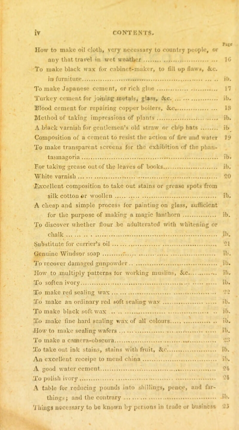 rut How to make oil cloth, very necessary to country people, or any that travel in wet weather 10 To make black wax for cabinet-maker, to fill up flaws, &c. in furniture , ill. To make Japanese cement, or rich glue 17 Turkey cement for joining metals, glass, &c. ib. Blood cement for repairing copper boilers. See IS Method of taking impressions of plants ib. A black varnish for gentlemen’s old straw or chip hats ib Composition of a cement to resist the action of fire and water ly To make transparent screens for the exhibition of the phan- tasmagoria ib. For taking grease out of the leaves of books ib. White varnish 20 Excellent composition to take out stains or grease spots from silk cotton or woollen ib. A cheap and simple process for painting on glass, sufficient for the purpose of making a magic lanthorn ib. To discover whether flour be adulterated with whitening or chalk ib. Substitute for currier’s oil 21 Genuine Windsor soap r ib. To recover damaged gunpowder ib. How to multiply patterns tor working muslins, &e ib. To soflen ivory ib. To make red sealing wax 22 To make an ordinary red soft sealing wax ib. To make black soft wax ib. To make fine hard sealing wax of all colours ib. JIow to make sealing wafers ib. To make a onmrrn-obscura 23 To take out ink stains, stains with fruit, &o ib. An excellent receipc to mend china ib. A good water cement 24 To polish ivory ' -4 A table for reducing pounds into shillings, pence, and far- things j and the contrary ib. Things necessary to ho known by persons in trade or business 23