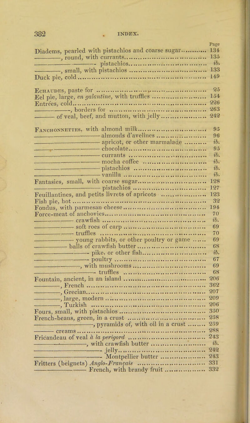 Page Diadems, pearled with pistachios and coarse sugar 134- , round, with currants 135 pistachios , small, with pistachios 133 Duck pie, cold Echaudés, paste for ^ Eel pie, large, en galantine, with truffles 151 Entrées, cold 226 , borders for 263 of veal, beef, and mutton, with jelly 242 Fanchonnettes, with almond milk 95 almonds d’avelines 96 apricot, or other marmalade ib. , chocolate 95 currants ih. mocha coffee ib. pistachios ib. vanilla ib. Fantasies, small, with coarse sugar 128 pistachios 127 Feuillantines, and petits livrets of apricots 123 Fish pie, hot 32 Fondus, with parmesan cheese ; 194 Force-meat of anchovies 70 crawfish ib. soft roes of carp 69 truffles 70 young rabbits, or other poultry or game 69 balls of crawfish butter 68 — pike, or other fish ib. poultry 67 , with mushrooms 69 truffles 68 Fountain, ancient, in an island 206 , French 362 , Grecian 207 , large, modern 209 , Turkish 206 Fours, small, with pistachios 350 French-beans, green, in a crust 258 , pyramids of, with oil in a crust 259 creams 288 Fricandeau of veal à la perigord 243 ■ , with crawfish butter ib. jelly 242 Montpellier butter 243 Fritters (beignets) Anglo-Français 331 French, with brandy fruit 332