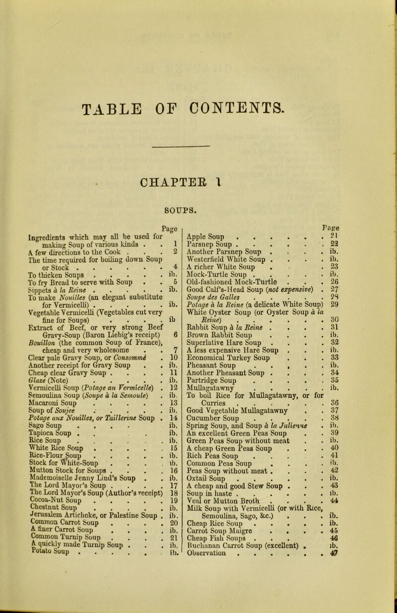 TABLE OF CONTENTS CHAPTEE 1 SOUPS. Ingredients which may all be used for making Soup of various kinds . A. few directions to the Cook . The time required for boding down Soup or StocK To thicken Soups To fry Bread to serve with Soup Sippets a la Reins To make Nouilles (an elegant substitute for Vermicelli) Vegetable Vermicelli (Vegetables cut very fine for Soups) .... Extract of Beef, or very strong Beef Gravy-Soup (Baron Liebig’s receipt) Bouillon (the common Soup of France), cheap and very wholesome Clear pale Gra\7 Soup, or Consomme Another receipt for Gravy Soup Cheap clear Gravy Soup . Glaze (Note) .... Vermicelli Soup (Fotage an Vermicelle) . Semoulina Soup {Soupe a la Semoule) Macaroni Soup Soup of Soujee ..... Potage aux Nouilles, or Taillenne Soup . Sago Soup .... Tapioca Soup . , . Rice Soup White Rice Soup Rice-Flour goup Stock for White-Soup .... Mutton Stock for Soups .... MademoiseUe Jenny Lind’s Soup . The Lord Mayor’s Soup .... The Lord Mayor’s Soup (Author’s receipt) Cocoa-Nut Soup Chestnut Soup Jerusalem Artichoke, or Palestine Soup . Common Carrot Soup .... A finer Carrot Soup .... Common Turnip Soup .... ^ quickly made Turnip Soup . Potato Soup . ... Pa<ie 1 2 4 ib. 5 ib. ib. ib 7 10 ib. 11 ib. 12 ib. 13 ib. 14 ib. ib. ib. 15 ib. lb. 16 ib. 17 18 19 ib. ib. 20 ib. 21 ib. ib. Page Apple Soup ? 1 Parsnep Soup 22 Another Parsnep Soup . . . . ib. Westerfield White Soup . . . . ib. A richer Wlute Soup . . .23 Mock-Turtle Soup ib. Old-fashioned Mock-Turtle . . .26 Good Calf’s-Head Soup {not expensive) . 27 Soupe des Galles . . . . .28 Potage a la Reine (a delicate VTiite Soup) 29 White Oyster Soup (or Oyster Soup a la Reine) 30 Rabbit Soup h la Reine . ... 31 Brown Rabbit Soup .... ib. Superlative Hare Soup . . . .32 A less expensive Hare Soup . . . ib. Economical Turkey Soup . . .33 Pheasant Soup . . , . . ib. Another Pheasant Soup . . . .34 Partridge Soup 35 Mullagatawny ib. To bod Rice for MuUagatawny, or for Curries 36 Good Vegetable Mullagatawny . . 37 Cucumber Soup 38 Spring Soup, and Soup a la Julienne . ib. An excellent Green Peas Soup . . 39 Green Peas Soup without meat , . ib. A cheap Green Peas Soup . . .4-0 Rich Peas Soup 41 Common Peas Soup .... ib. Peas Soup without meat . . • • OxtaU Soup ib. A cheap and good Stew Soup . . .43 Soup in haste ib. Veal or Mutton Broth .... 44 Milk Soup with Vermicelli (or with Rice, Semoulina, Sago, &c.) . . . ib. Cheap Rice Soup ib. CiuTot Soup Maigre . . . .45 Cheap Fish Soups ... 46 Buchanan Carrot Soup (excellent) . ib. Observation .... . . 47