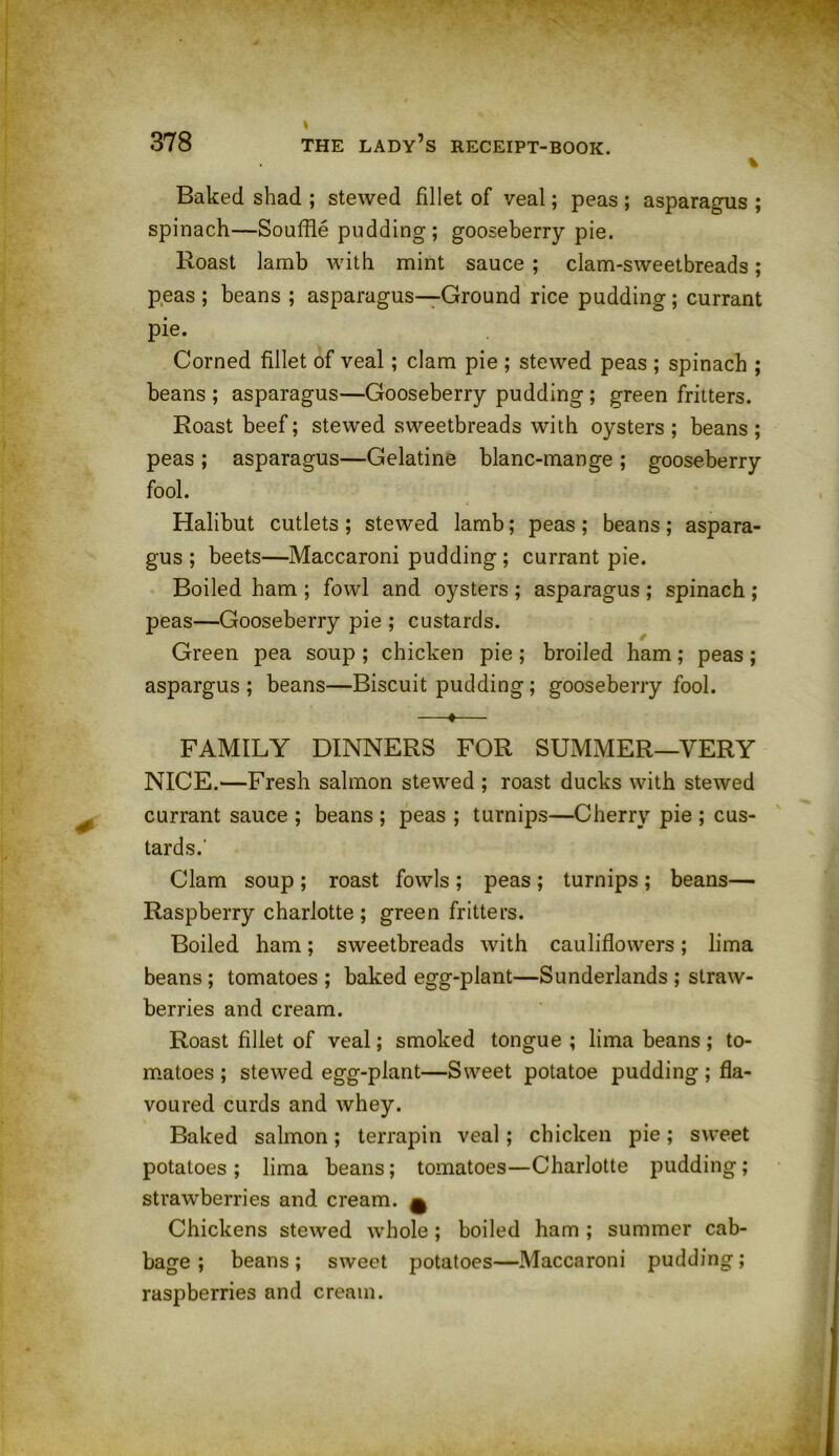 Baked shad ; stewed fillet of veal; peas ; asparagus ; spinach—Souffle pudding; gooseberry pie. Roast lamb with mint sauce ; clam-sweetbreads; peas ; beans ; asparagus—Ground rice pudding ; currant pie. Corned fillet of veal; clam pie ; stewed peas ; spinach ; beans ; asparagus—Gooseberry pudding ; green fritters. Roast beef; stewed sweetbreads with oysters; beans; peas ; asparagus—Gelatine blanc-mange ; gooseberry fool. Halibut cutlets ; stewed lamb; peas; beans; aspara- gus ; beets—Maccaroni pudding ; currant pie. Boiled ham ; fowl and oysters ; asparagus ; spinach; peas—Gooseberry pie ; custards. Green pea soup ; chicken pie ; broiled ham; peas ; aspargus ; beans—Biscuit pudding ; gooseberry fool. —♦— FAMILY DINNERS FOR SUMMER—VERY NICE.—Fresh salmon stewed ; roast ducks with stewed currant sauce ; beans ; peas ; turnips—Cherry pie ; cus- tards.' Clam soup ; roast fowls ; peas ; turnips ; beans— Raspberry charlotte ; green fritters. Boiled ham; sweetbreads with cauliflowers; lima beans ; tomatoes ; baked egg-plant—Sunderlands ; straw- berries and cream. Roast fillet of veal; smoked tongue ; lima beans; to- matoes ; stewed egg-plant—Sweet potatoe pudding; fla- voured curds and whey. Baked salmon; terrapin veal; chicken pie; sweet potatoes; lima beans; tomatoes—Charlotte pudding; strawberries and cream. £ Chickens stewed whole ; boiled ham ; summer cab- bage ; beans; sweet potatoes—Maccaroni pudding; raspberries and cream.