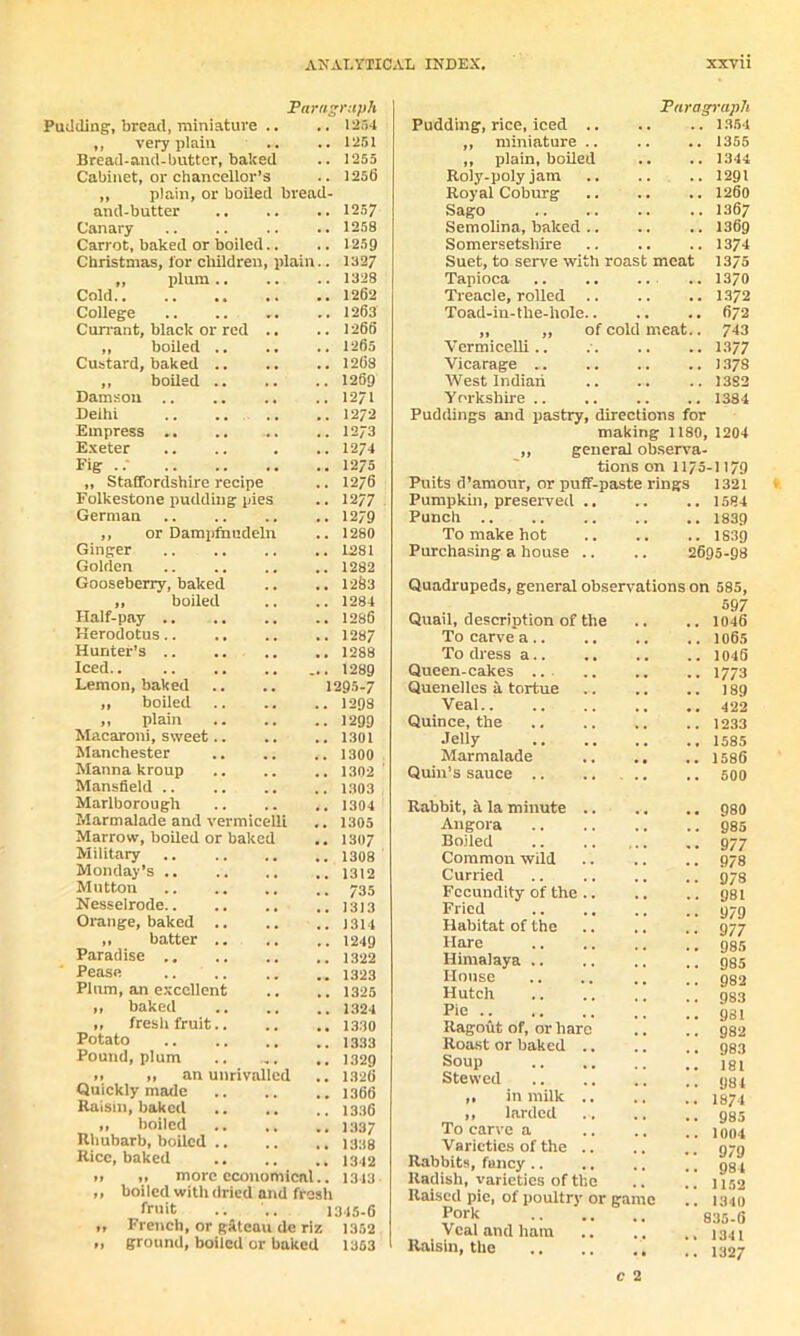 Pudding;, bread, miniature ,, very plain Bread-and-butter, baked Cabinet, or chancellor’s Pm agraph 1234 1251 1253 125(5 plain, or boiled bread- >lain and-butter Canary Carrot, baked or boiled Christmas, lor children „ plum .. Cold College Currant, black or red „ boiled .. Custard, baked .. ,, boiled .. Damson Delhi Empress .. Exeter Fig ..' „ Staffordshire recipe Folkestone pudding pies German ,, or Dampfhudeln Ginger Golden Gooseberry, baked „ boiled Half-pay .. Herodotus.. Hunter’s Iced.. Lemon, baked „ boiled ,, plain Macaroni, sweet.. Manchester Manna kroup Mansfield .. Marlborough Marmalade and vermicelli Marrow, boiled or baked Military Monday’s .. Mutton Nesselrode.. Orange, baked .. ,, batter .. Paradise .. Pease .. .. Plum, an excellent „ baked ,, fresh fruit.. Potato Pound, plum „ ,, an unrivalled Quickly made Raisin, baked „ boiled Rhubarb, boiled Rice, baked „ „ more economical.. ,, boiled with dried and fresh fruit .. '.. 1315-6 ,, French, or gateau de riz 1352 » ground, boiled or baked 1363 1257 1258 . 1259 . 1327 . 1328 . 1262 . 1263 . 1266 . 1265 . 1268 . 1269 . 1271 . 1272 . 1273 . 1274 . 1275 . 1276 . 12 77 . 1279 . 1280 . 1281 . 1282 . 1263 . 1284 . 1286 . 1287 . 1288 . 1289 1295-7 . 1298 . 1299 . 1301 . 1300 . 1302 ' . 1303 . 1304 . 1305 . 1307 . 1308 . 1312 . 735 . 1313 . 1314 . 1249 . 1322 . 1323 . 1325 . 1324 . 1330 . 1333 . 1329 . 1326 . 1366 . 1336 . 1337 . 1338 . 1342 1343 Paragraph Pudding, rice, iced 1354 ,, miniature .. .. .. 1355 „ plain, boiled .. .. 1344 Roly-poly jam .. .. .. 1291 Royal Coburg 1260 Sago 1367 Semolina, baked 1369 Somersetshire .. .. .. 1374 Suet, to serve with roast meat 1375 Tapioca .. 1370 Treacle, rolled .. .. .. 1372 Toad-in-the-hole.. .. .. 672 „ „ of cold meat.. 743 Vermicelli.. 1377 Vicarage .. .. .. .. 1378 West Indian .. .. .. 1382 Yorkshire .. .. .. .. 1384 Puddings and pastry, directions for making 1180, 1204 ,, general observa- tions on 1175-1179 Puits d ’amour, or puff-paste rings 1321 Pumpkin, preserved 1584 Punch 1839 To make hot 1839 Purchasing a house .. .. 2695-98 Quadrupeds, general observations on 585, Quail, description of the To carve a To dress a Queen-cakes .. Quenelles a tortue Veal Quince, the Jelly Marmalade Quin’s sauce .. .. Rabbit, A la minute .. Angora Boiled .. Common wild Curried Fecundity of the .. Fried Habitat of the Hare Himalaya .. House Hutch Pie .. Ragout of, or hare Roast or baked .. Soup Stewed ,, in milk .. ,, larded To carve a Varieties of the .. Rabbits, fancy .. Radish, varieties of the Raised pie, of poultry or game Pork Veal and ham Raisin, the c 2 597 .. 1046 .. 1065 .. 1045 .. 1773 .. 189 .. 422 .. 1233 .. 1585 .. 1586 .. 500 .. 980 .. 985 • • 977 .. 978 .. 978 .. 981 • • 979 .. 977 .. 985 .. 985 .. 982 .. 983 .. 981 .. 982 .. 983 .. 181 .. 984 .. 1874 .. 985 .. 1004 • • 979 .. 984 .. 1152 .. 1340 835-6 .. 1341 .. 1327