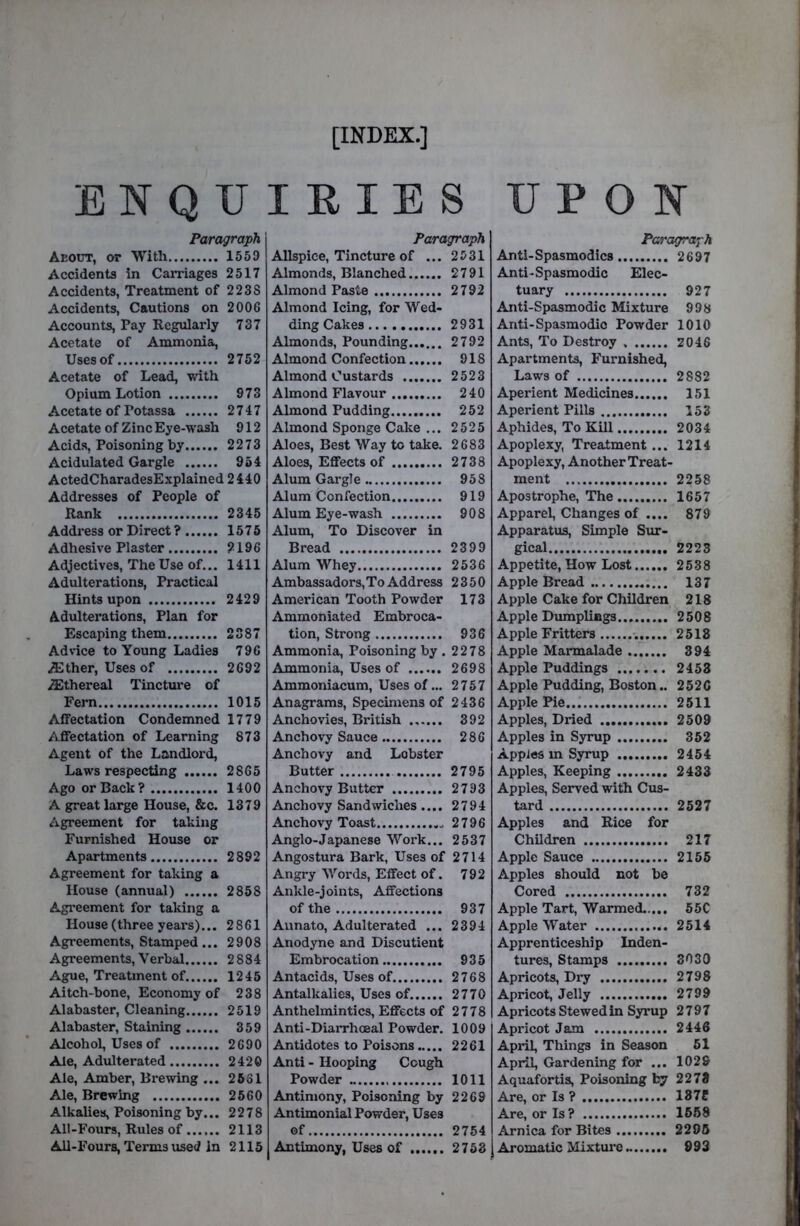 [INDEX.] ENQTJIEIES UPON Paragraph About, or With 1559 Accidents in Carriages 2517 Accidents, Treatment of 2238 Accidents, Cautions on 2006 Accounts, Pay Regularly 737 Acetate of Ammonia, Uses of 2752 Acetate of Lead, with Opium Lotion 973 Acetate of Potassa 2747 Acetate of Zinc Eye-wash 912 Acids, Poisoning by 2273 Acidulated Gargle 954 ActedCharadesExplained 2440 Addresses of People of Rank 2345 Address or Direct ? 1576 Adhesive Plaster 2196 Adjectives, The Use of... 1411 Adulterations, Practical Hints upon 2429 Adulterations, Plan for Escaping them 2387 Advice to Young Ladies 796 ^ther. Uses of 2692 Ethereal Tincture of Fern 1015 Affectation Condemned 1779 Affectation of Learning 873 Agent of the Landlord, Laws respecting 2865 Ago or Back? 1400 A great large House, &c. 1379 Agreement for taking Furnished House or Apartments 2892 Agreement for taking a House (annual) 2858 Agreement for taking a House (three yeai's)... 2861 Agreements, Stamped... 2908 Agreements, Verbal 2884 Ague, Treatment of 1245 Aitch-bone, Economy of 238 Alabaster, Cleaning 2519 Alabaster, Staining 359 Alcohol, Uses of 2690 Ale, Adulterated 2420 Ale, Amber, Brewing ... 2631 Ale, Brewing 2560 Alkalies, Poisoning by... 2278 All-Fours, Rules of 2113 All-Fours, Terms used In 2115 Paragraph Allspice, Tincture of ... 2531 Almonds, Blanched 2791 Almond Paste 2792 Almond Icing, for Wed- ding Cakes 2931 Almonds, Pounding 2792 Almond Confection 918 Almond Custards 2523 Almond Flavour 240 Almond Pudding 252 Almond Sponge Cake ... 2525 Aloes, Best Way to take. 2683 Aloes, Effects of 2738 Alum Gargle 958 Alum Confection 919 Alum Eye-wash 908 Alum, To Discover in Bread 2399 Alum Whey 2536 Ambassadors,ToAddress 2350 American Tooth Powder 173 Ammoniated Embroca- tion, Strong 936 Ammonia, Poisoning by . 2278 Ammonia, Uses of 2698 Ammoniacum, Uses of... 2757 Anagrams, Specimens of 2436 Anchovies, British 392 Anchovy Sauce 286 Anchovy and Lobster Butter 2795 Anchovy Butter 2793 Anchovy Sandwiches.... 2794 Anchovy Toast 2796 Anglo-Japanese Work... 2537 Angostura Bark, Uses of 2714 Angry Words, Effect of. 792 Ankle-joints, Affections of the 937 Aunato, Adulterated ... 2394 Anodyne and Discutient Embrocation 935 Antacids, Uses of 2768 Antalkalies, Uses of 2770 Anthelmintics, Effects of 2778 Anti-Diarrhoeal Powder. 1009 Antidotes to Poisons 2261 Anti - Hooping Cough Powder 1011 Antimony, Poisoning by 2269 Antimonial Powder, Uses of 2754 Antimony, Uses of 2763 Paragraph Anti-Spasmodics 2697 Anti-Spasmodic Elec- tuary 927 Anti-Spasmodic Mixture 998 Anti-Spasmodic Powder 1010 Ants, To Destroy . 2046 Apartments, Furnished, Laws of 2882 Aperient Medicines 151 Aperient Pills 153 Aphides, To Kill 2034 Apoplexy, Treatment ... 1214 Apoplexy, Another Treat- ment 2258 Apostrophe, The 1657 Apparel, Changes of .... 879 Apparatus, Simple Sm-- gical 2223 Appetite, How Lost 2538 Apple Bread 137 Apple Cake for Children 218 Apple Dumplings 2508 Apple Fritters 2518 Apple Marmalade 394 Apple Puddings 2453 Apple Pudding, Boston.. 252C Apple Pie 2511 Apples, Dried 2509 Apples in Syrup 362 Apples in Syrup 2454 Apples, Keeping 2433 Apples, Served with Cus- tard 2527 Apples and Rice for Children 217 Apple Sauce 2155 Apples should not be Cored 732 Apple Tart, Warmed..... 55C Apple Water 2514 Apprenticeship Inden- tures, Stamps 3030 Apricots, Dry 2798 Apricot, Jelly 2799 Apricots Stewed in Syrup 2797 Apricot Jam 2446 April, Things in Season 61 April, Gardening for ... 1029 Aquafortis, Poisoning by 2273 Are, or Is ? 187C Are, oris? 1668 Arnica for Bites 2295 Aromatic Mixture 993