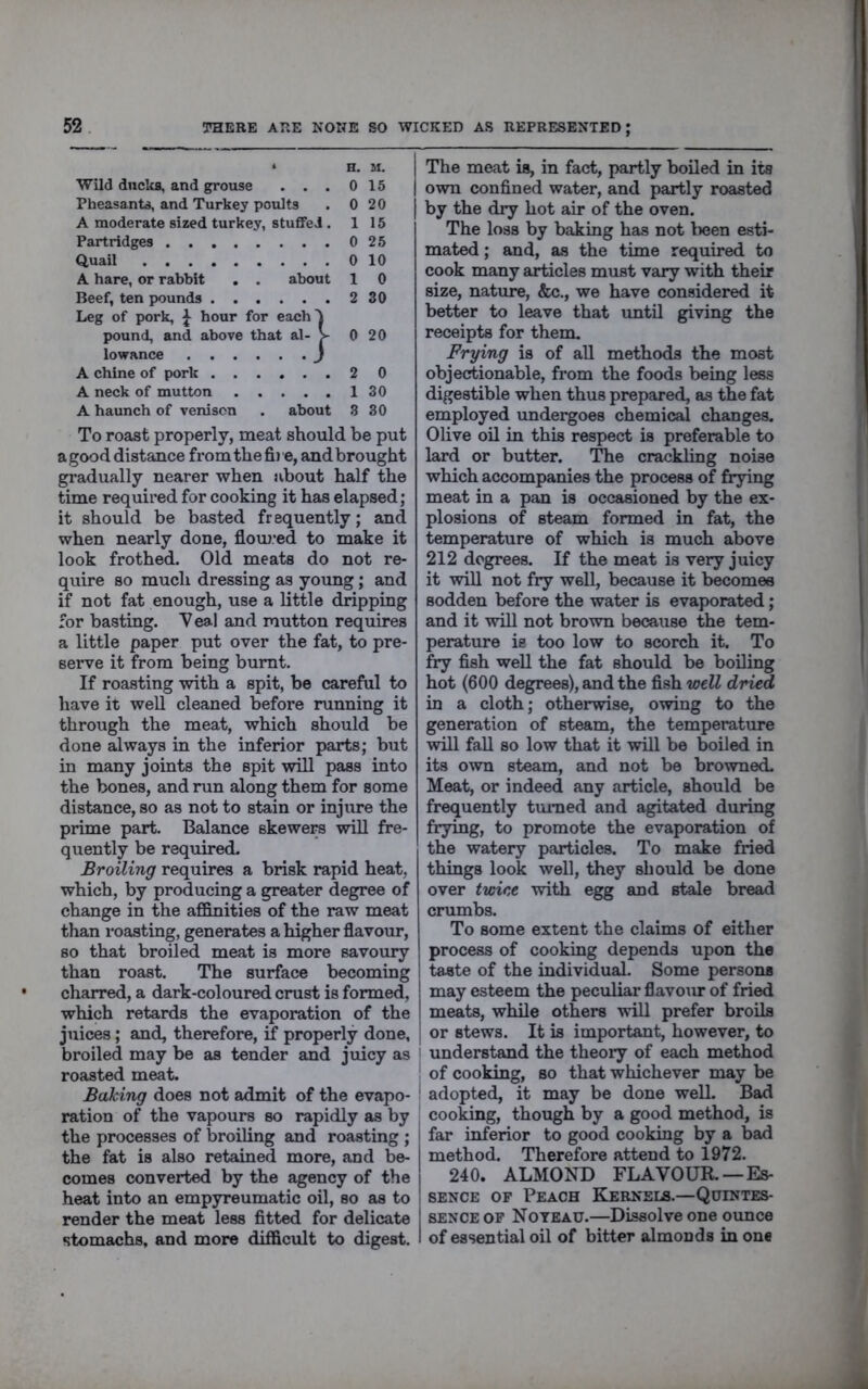 . H. M. Wild dncIiB, and grouse . . . 0 15 Fbeasantd, and Turkey poults 0 20 A moderate sized turkey, stuflfeJ . 1 15 Partridges 0 25 Quail 0 10 A hare, or rabbit . . about 1 0 Beef, ten pounds 2 30 Leg of pork, ^ hour for each'l pound, and above that al- > 0 20 lowance j A chine of pork 2 0 A neck of mutton 1 30 A haunch of venison . about 8 30 To roast properly, meat should be put a good distance from the fi)e, and brought gradually nearer when about half the time required for cooking it has elapsed; it should be basted frequently; and when nearly done, flom.’ed to make it look frothed. Old meats do not re- quire so much dressing as young; and if not fat enough, use a little dripping for basting. V eal and mutton requires a little paper put over the fat, to pre- seiwe it from being burnt. If roasting with a spit, be careful to have it well cleaned before running it through the meat, which should be done ^ways in the inferior parts; but in many joints the spit will pass into the bones, and run along them for some distance, so as not to stain or injure the prime part. Balance skewera wiU fre- quently be required. Broiling requires a brisk rapid heat, which, by producing a greater degree of change in the affinities of the raw meat than roasting, generates a higher flavour, so that broiled meat is more savoury than roast. The surface becoming charred, a dark-coloured crust is formed, which retards the evaporation of the juices; and, therefore, if properly done, broiled may be as tender and juicy as roasted meat. Baking does not admit of the evapo- ration of the vapours so rapidly as by the processes of broiling and roasting ; the fat is also retained more, and be- comes converted by the agency of the heat into an empyreumatic oil, so as to render the meat less fitted for delicate stomachs, and more difficult to digest. The meat is, in fact, partly boiled in its own confined water, and partly roasted by the dry hot air of the oven. The loss by baking has not been esti- mated ; and, as the time required to cook many articles must vary with their size, nature, &c., we have considered it better to leave that imtil giving the receipts for them. Prying is of all methods the moat objectionable, from the foods being less digestible when thus prepared, as the fat employed undergoes chemical changes. Olive oil in this respect is preferable to lard or butter. The crackling noise which accompanies the process of frying meat in a pan is occasioned by the ex- plosions of steam formed in fat, the temperature of which is much above 212 degrees. If the meat is very juicy it will not fry well, because it becomes sodden before the water is evaporated; and it will not brown because the tem- perature is too low to scorch it. To fry fish well the fat should be boiling hot (600 degrees), and the fish well dried in a cloth; otherwise, owing to the generation of steam, the temperature will fall so low that it will be boiled in its own steam, and not be browned. Meat, or indeed any article, should be frequently turned and agitated during frying, to promote the evaporation of the watery particles. To make fried things look well, they should be done over twice with egg and stale bread crumbs. To some extent the claims of either process of cooking depends upon the taste of the individual. Some persons may esteem the peculiar flavour of fried meats, while others will prefer broila I or stews. It is important, however, to I understand the theory of each method ! of cooking, so that whichever may be i adopted, it may be done well. Bad cooking, though by a good method, is far inferior to good cooking by a bad method. Therefore attend to 1972. 240. ALMOND FLAVOUR.—Es- sence OF Peach Kernel.—Quintes- sence OF Notead.—Dissolve one ounce of essential oil of bitter almonds in one