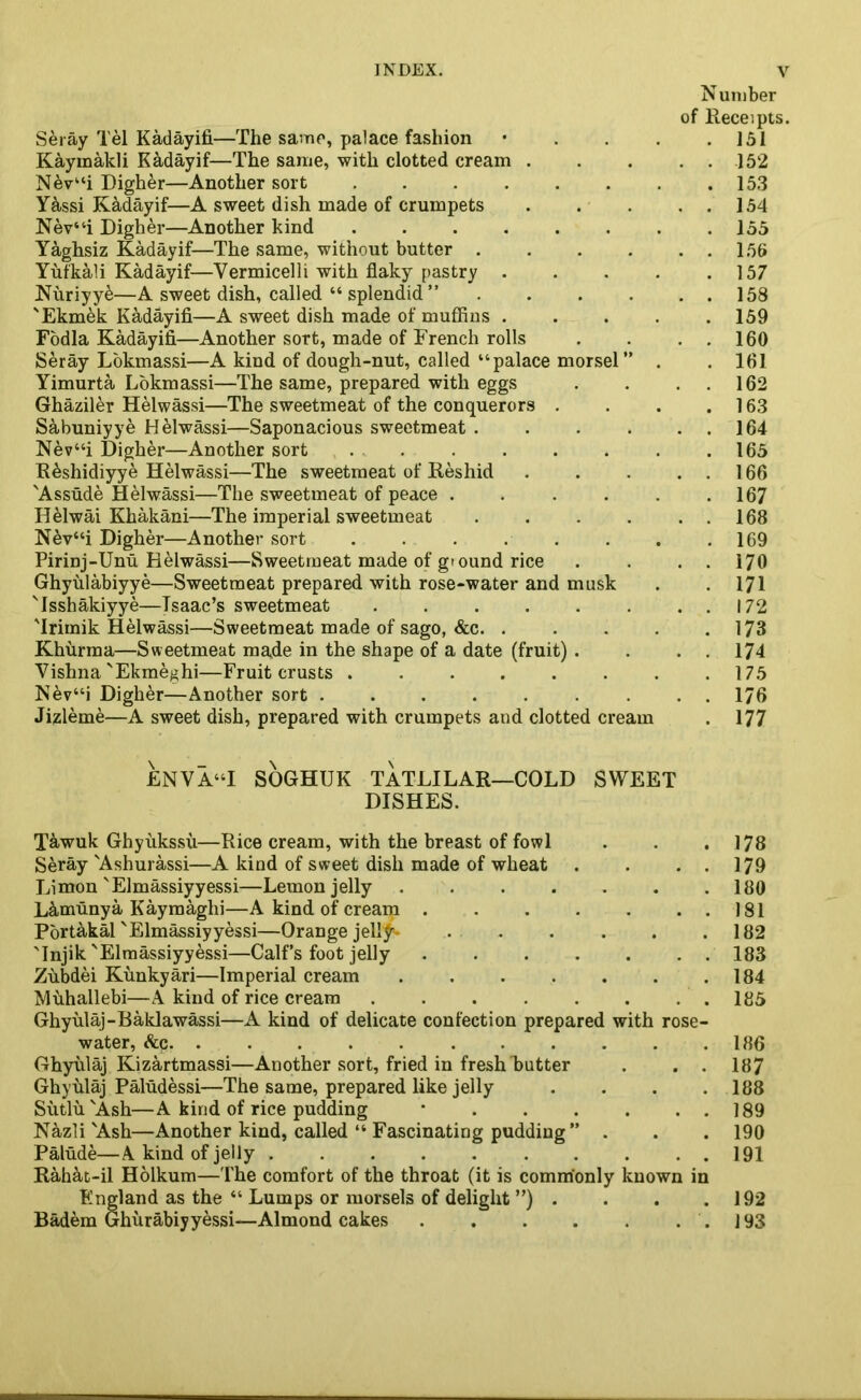 Number of Receipts. Seray Tel Kadayifi—The same, palace fashion • . . . .151 Kaymakli Kadayif—The same, with clotted cream . . . 152 Nev“i Dighbr—Another sort . . . . . . . .153 Y&ssi Kadayif—A sweet dish made of crumpets . . . . . 154 Nev“i Digher—Another kind 155 Yaghsiz Kadayif—The same, without butter 156 Yufkali Kadayif—Vermicelli with flaky pastry . . . . .157 Nuriyye—A sweet dish, called “splendid” 158 'Ekmek Kadayifi—A sweet dish made of muffins ..... 159 Fodla Kadayifi—Another sort, made of French rolls . . . . 160 Seray Lokmassi—A kind of dough-nut, called “palace morsel” . . 161 Yimurta Lokmassi—The same, prepared with eggs . . 162 Ghaziler Helwassi—The sweetmeat of the conquerors . . . .163 Sabuniyye Helwassi—Saponacious sweetmeat . . . . 164 Nev“i Digher—Another sort ... . . . . . .165 Rbshidiyye Helwassi—The sweetmeat of Reshid . . . . . 166 'Assude Helwassi—The sweetmeat of peace . . . . . .167 Helwai Khakani—The imperial sweetmeat . . . . . . 168 Nev“i Digher—Another sort . . . . . . . .169 Pirinj-Unu Helwassi—Sweetmeat made of gtound rice . . . . 170 Ghyulabiyye—Sweetmeat prepared with rose-water and musk . . 171 'Isshakiyye—Isaac’s sweetmeat . . . . . . . . 172 'Irimik Helwassi—Sweetmeat made of sago, &c. . . . . .173 Khiirma—Sweetmeat made in the shape of a date (fruit) . . . . 174 Vishna'Ekmeghi—Fruit crusts . . . . . . . .175 Nev“i Dighbr—Another sort . . . . . . . . . 176 Jizleme—A sweet dish, prepared with crumpets and clotted cream . 177 £NVA“I SOGHUK TATLILAR—COLD SWEET DISHES. Tawuk Ghyukssu—Rice cream, with the breast of fowl . . .178 Seray 'Ashurassi—A kind of sweet dish made of wheat . . . . 179 Limon 'Elmassiyyessi—Lemon jelly ....... 180 L&munya Kayroaglii—A kind of cream . . . . . . . 181 Portakal'Elmassiyyessi—Orange jell^- . . . . . .182 'Injik'Elmassiyyessi—Calf’s foot jelly ....... 183 Zubdei Kunkyari—Imperial cream 184 Muhallebi—A kind of rice cream . . . . . . . . 185 Ghyulaj-Baklawassi—A kind of delicate confection prepared with rose- water, Ac. . . . . 186 Ghyulaj Kizartmassi—Another sort, fried in fresh butter . . . 187 Ghyulaj Paludessi—The same, prepared like jelly . . . .188 Sutlu'Ash—A kind of rice pudding * . . . . . . 189 Nazii'Ash—Another kind, called “ Fascinating pudding” . . . 190 Palude—A kind of jelly . . . . . . . . . . 191 Rahat-il Holkum—The comfort of the throat (it is commonly known in England as the “ Lumps or morsels of delight ”) . . . .192 Badem Ghurabiyyessi—Almond cakes .193