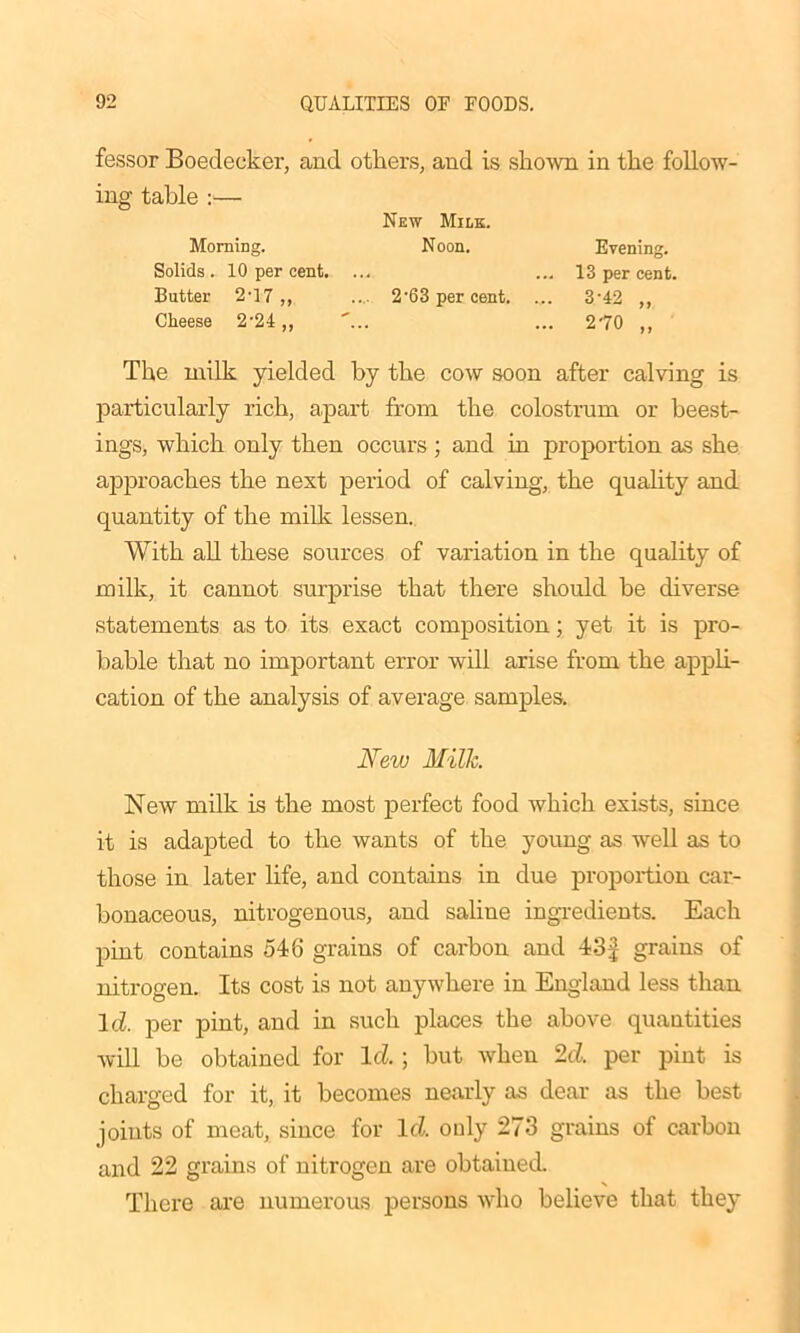 fessor Boedecker, and others, and is shown in the follow- ing table :— The milk yielded by the cow soon after calving is particularly rich, apart from the colostrum or beest- ings, which only then occurs ; and in proportion as she approaches the next period of calving, the quality and quantity of the milk lessen. With all these sources of variation in the quality of milk, it cannot surprise that there should be diverse statements as to its exact composition; yet it is pro- bable that no important error will arise from the appli- cation of the analysis of average samples. New milk is the most perfect food which exists, since it is adapted to the wants of the young as well as to those in later life, and contains in due proportion car- bonaceous, nitrogenous, and saline ingredients. Each pint contains 546 grains of carbon and 43-£ grains of nitrogen. Its cost is not anywhere in England less than Id. per pint, and in such places the above quantities will be obtained for Id.; but when 2d. per pint is charged for it, it becomes nearly as dear as the best joints of meat, since for Id only 273 grains of carbon and 22 grains of nitrogen are obtained. There are numerous persons who believe that they Morning. Solids . 10 per cent. Butter 2-17,, Cheese 2-24„ New Mile. Noon. Evening. 13 per cent. 2'63 per cent. New Milk.