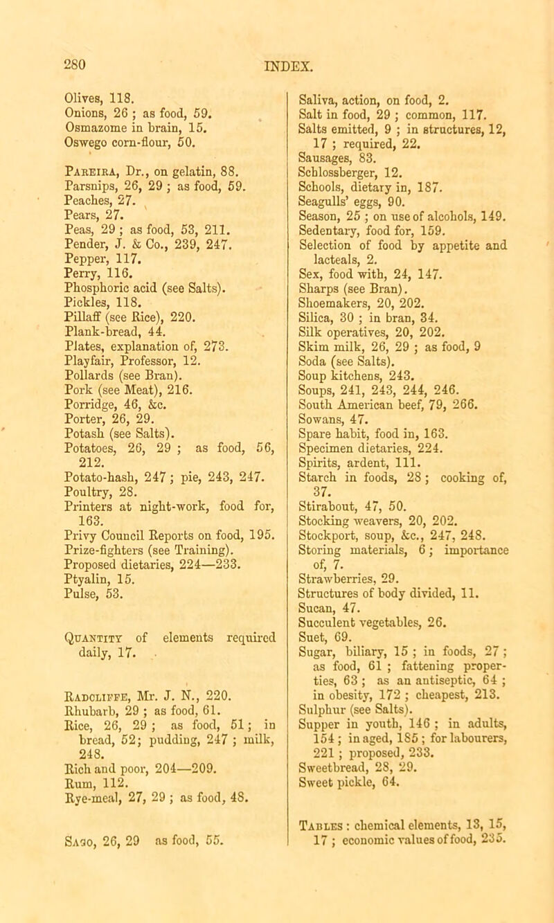 Olives, 118. Onions, 26 ; as food, 59. Osmazome in brain, 15. Oswego corn-flour, 50. Pareira, Dr., on gelatin, 88. Parsnips, 26, 29 ; as food, 59. Peaches, 27. Pears, 27. Peas, 29 ; as food, 53, 211. Pender, J. & Co., 239, 247. Pepper, 117. Perry, 116. Phosphoric acid (see Salts). Pickles, 118. Pillaff (see Rice), 220. Plank-bread, 44. Plates, explanation of, 273. Playfair, Professor, 12. Pollards (see Bran). Pork (see Meat), 216. Porridge, 46, &c. Porter, 26, 29. Potash (see Salts). Potatoes, 26, 29 ; as food, 56, 212. Potato-hash, 247; pie, 243, 247. Poultry, 28. Printers at night-work, food for, 163. Privy Council Reports on food, 195. Prize-fighters (see Training). Proposed dietaries, 224—233. Ptyalin, 15. Pulse, 53. Quantity of elements required daily, 17. Radcliute, Mr. J. N., 220. Rhubarb, 29 ; as food, 61. Rice, 26, 29 ; as food, 51; in bread, 52; pudding, 247 ; milk, 248. Rich and poor, 204—209. Rum, 112. Rye-meal, 27, 29 ; as food, 4S. Saoo, 26, 29 as food, 55. Saliva, action, on food, 2. Salt in food, 29 ; common, 117. Salts emitted, 9 ; in structures, 12, 17 ; required, 22. Sausages, 83. Schlossberger, 12. Schools, dietary in, 187. Seagulls’ eggs, 90. Season, 25 ; on use of alcohols, 149. Sedentary, food for, 159. Selection of food by appetite and lacteals, 2. Sex, food with, 24, 147. Sharps (see Bran). Shoemakers, 20, 202. Silica, 30 ; in bran, 34. Silk operatives, 20, 202. Skim milk, 26, 29 ; as food, 9 Soda (see Salts). Soup kitchens, 243. Soups, 241, 243, 244, 246. South American beef, 79, 266. Sowans, 47. Spare habit, food in, 163. Specimen dietaries, 224. Spirits, ardent, 111. Starch in foods, 28 ; cooking of, 37. Stirabout, 47, 50. Stocking weavers, 20, 202. Stockport, soup, &c., 247, 248. Storing materials, 6; importance of, 7- Strawberries, 29. Structures of body divided, 11. Sucan, 47. Succulent vegetables, 26. Suet, 69. Sugar, biliary, 15 ; in foods, 27 ; as food, 61 ; fattening proper- ties, 63 ; as an antiseptic, 64 ; in obesity, 172 ; cheapest, 213. Sulphur (see Salts). Supper in youth, 146 ; in adults, 154; in aged, 185; for labourers, 221; proposed, 233. Sweetbread, 28, 29. Sweet pickle, 64. Tables : chemical elements, 13, 15, 17; economic values of food, 235.