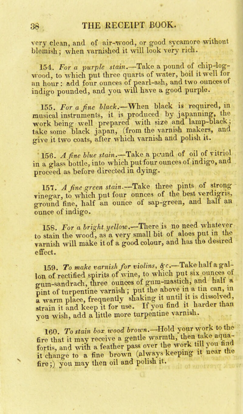 very clean, and of air-wood, or good sycamore without blemish; when varnished it will look very rich. 154. For a purple stain.—Take a pound of chip-log- wood, to which put three quarts of water, boil it well lor an hour: add four ounces of pearl-ash, and two ounces ol indigo pounded, and you will have a good purple. 155. For a fine black.—When black is required, in musical instruments, it is produced by japanning, the work being' well prepared with, size and lamp-black, take some black japan, (from the varnish makers, and give it two coats, after which varnish and polish it. 156. A fine blue stain.—Take a pcMnd of oil of vitriol in a glass bottle, into which put four ounces of indigo, and proceed as before directed in dying. 157. A fine green stain.—Take three pints of strong vinegar, to wdiich put four ounces of the best \erdigris, ground fine, half an ounce ot sap-green, and halt an ounce of indigo. 158. For a bright yellow.—There is no need whatever to stain the wood, as a very small bit of aloes put in the varnish will make it of a good colour, and has the desired effect. 159. To make varnish for violins, Sfc.—Take half a gal- lon of rectified spirits of wine, to w'hich put six ounces ot e-um-sandrach, three ounces of gum-mastich, and halt a pint of turpentine varnish ; put the above in a tin can, m a warm place, frequently shaking it until it is dissolved, strain it and keep it for use. If you find it harder than you wish, add a little more turpentine varnish. 160. To stain box wood brown.—Hold your work to the fire that it may receive a gentle warmth, then take aqua- fortis, and with a feather pass over the work till youhnd it change to a fine brow'n (always keeping t u fire;) you may then oil and polish it.