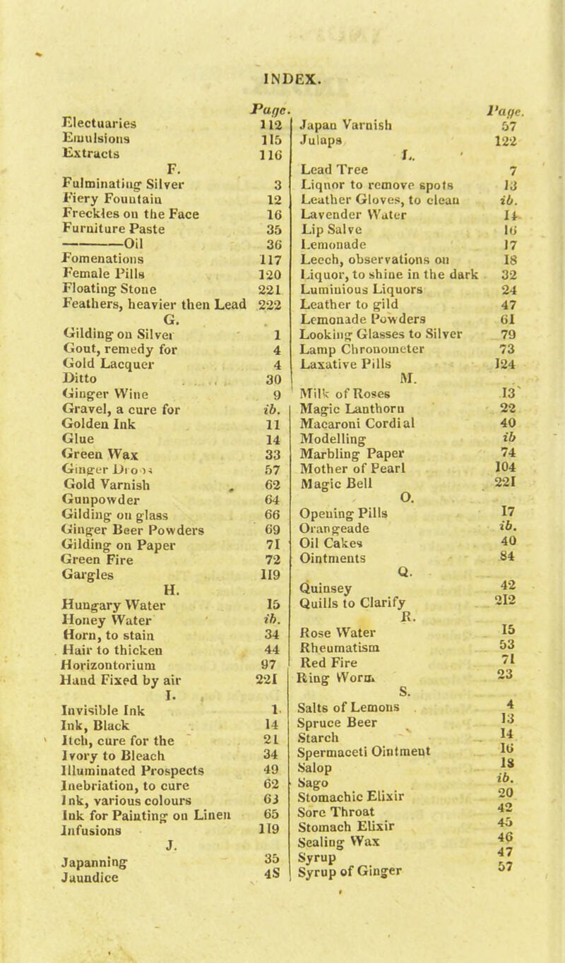 Page. Electuaries 112 Emulsions 115 Extracts 116 F. Fulminating' Silver 3 Fiery Fountain 12 Freckles on the Face 16 Furniture Paste 35 Oil 36 Fomenations 117 Female Pills 120 Floating Stone 221 Feathers, heavier then Lead 222 G. Gilding on Silver 1 Gout, remedy for 4 Gold Lacquer 4 Ditto 30 Ginger Wine 9 Gravel, a cure for ib. Golden Ink 11 Glue 14 Green Wax 33 Ginger Di oo* 57 Gold Varnish , 62 Gunpowder 64 Gilding on glass 66 Ginger Beer Powders 69 Gilding on Paper 71 Green Fire 72 Gargles 119 H. Hungary Water 15 Honey Water ib. Horn, to stain 34 Hair to thicken 44 Horizontorium 97 Hand Fixed by air 221 I. Invisible Ink 1- Ink, Black 14 Itch, cure for the 21 Ivory to Bleach 34 Illuminated Prospects 49 Inebriation, to cure 62 Ink, various colours 6J Ink for Painting on Linen 65 Infusions 119 J. Japanning 35 Jaundice 4S Japan Varnish Julaps L. Lead Tree Liqnor to remove spots Leather Gloves, to clean Lavender Water Lip Salve Lemonade Leech, observations on Liquor, to shine in the dark Lumiuious Liquors Leather to gild Lemonade Powders Looking Glasses to Silver Lamp Chronometer Laxative Pills M. Milk of Roses Magic Lanthoru Macaroni Cordial Modelling Marbling Paper Mother of Pearl Magic Bell Opening Pills Orangeade Oil Cakes Ointments Q. Quinsey Quills to Clarify R. Rose Water Rheumatism Red Fire Ring Worm S. Salts of Lemons Spruce Beer Starch Spermaceti Ointment Salop Sago Stomachic Elixir Sore Throat Stomach Elixir Sealing Wax Syrup Syrup of Ginger Page. 57 122 7 13 ib. 14 16 17 18 32 24 47 61 79 73 124 13' 22 40 ib 74 104 221 17 ib. 40 84 42 212 15 53 71 23 4 13 14 16 13 ib. 20 42 45 46 47 57