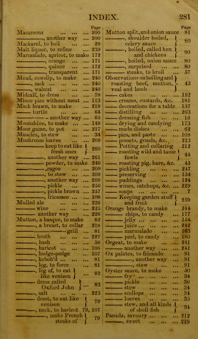 Macaroons , another way Mackarel, to boil Malt liquor, to refine Marmalade, apricot, to make , orange , quince , transparent Mead, cowslip, to make *■ 1 , sack ... ... , walnut Midcalf, to dress Mince pies without meat Mock brawn, to make turtle another way Moonshine, to make ... Moor game, to pot Muscles, to stew Mushroom loaves keep to eat like ) fresh ones j , another way ... powder, to make ,ragoo -, to stew ... -, another way -, pickle -, pickle brown fricassee ... Mulled ale wine another way Mutton, a basque, to make ~, a breast, to collar -grill . - broth -, hash -, haricot ... -, hodge-podge -, kebob’d ... -, leg, to force }... , leg of, to eat ] like venison j dress called Oxford John —■»■, salt ... .. drest, to eat like | venison f -—, neck, to haricot 79, — , make French | steaks of / Page 200 200 29 239 172 171 172 171 240 240 240 78 113 219 64 65 149 217 34 209 260 261 246 209 209 209 256 257 108 226 225 226 62 218 81 227 58 106 107 81 81 82 83 223 79 107 j 79 i Mutton split,and onion sauce , shoulder boiled, } celery sauce f , boiled, called hen j and chickens j , boiled, onion sauce , surprised steaks, to broil Observations on boiling and 1 roasting beef, mutton, > veal and lamb j cakes #.. ... ... — creams, custards, &c. decorations for a table distilling dressing fish drying and candying made dishes pies, and paste possets, gruels, &c. t Potting and collaring roasting wild and tame 1 fowls f roasting pig, hare, &c pickling preserving puddings wines, catchups, &c. soups Keeping garden stuff) and fruit j Orange brandy, to make chips, to candy jelly ... Page 81 80 • juice • marmalade peel, to candy Orgeat, to make another way ... Ox palates, to fricando , another way - . , stew Oyster sauce, to make fry ... . pickle stew scollops loaves stew, and all kinds of shell fish Panada, savoury ... ,.. •-i-i i.iiMi, sweet ... ... 80 80 80 57 43 192 181 137 263 16 173 62 108 223 212 44 45 247 154 124 229 7 259 244 177 154 242 163 180 241 241 91 91 91 50 34 36 34 34 35 34 212 229