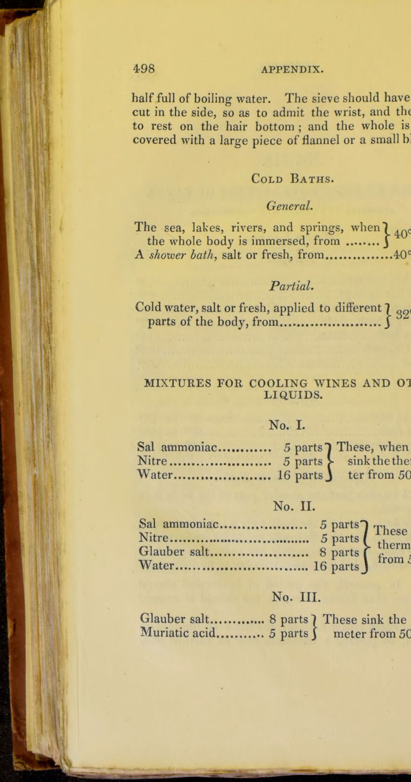 half full of boiling water. The sieve should have cut in the side, so as to admit the wrist, and the to rest on the hair bottom ; and the whole is covered with a large piece of flannel or a small b. Cold Baths. General. The sea, lakes, rivers, and springs, when! ^qC the whole body is immersed, from j A shoxuer bath, salt or fresh, from 40c Partial. Cold water, salt or fresh, applied to different ] parts of the body, from J MIXTURES FOR COOLING WINES AND 01 LIQUIDS. Sal ammoniac Nitre Water Sal ammoniac Nitre Glauber salt.., Water No. I. . 5 parts’! These, when . 5 parts > sink the thei . 16 parts j ter from 50 No. II. 5 parts'! 5 parts ( 8 parts f 16 parts J These therm from l Glauber salt.. Muriatic acid No. III. 8 parts! These sink the 5 parts 3 meter from 5C