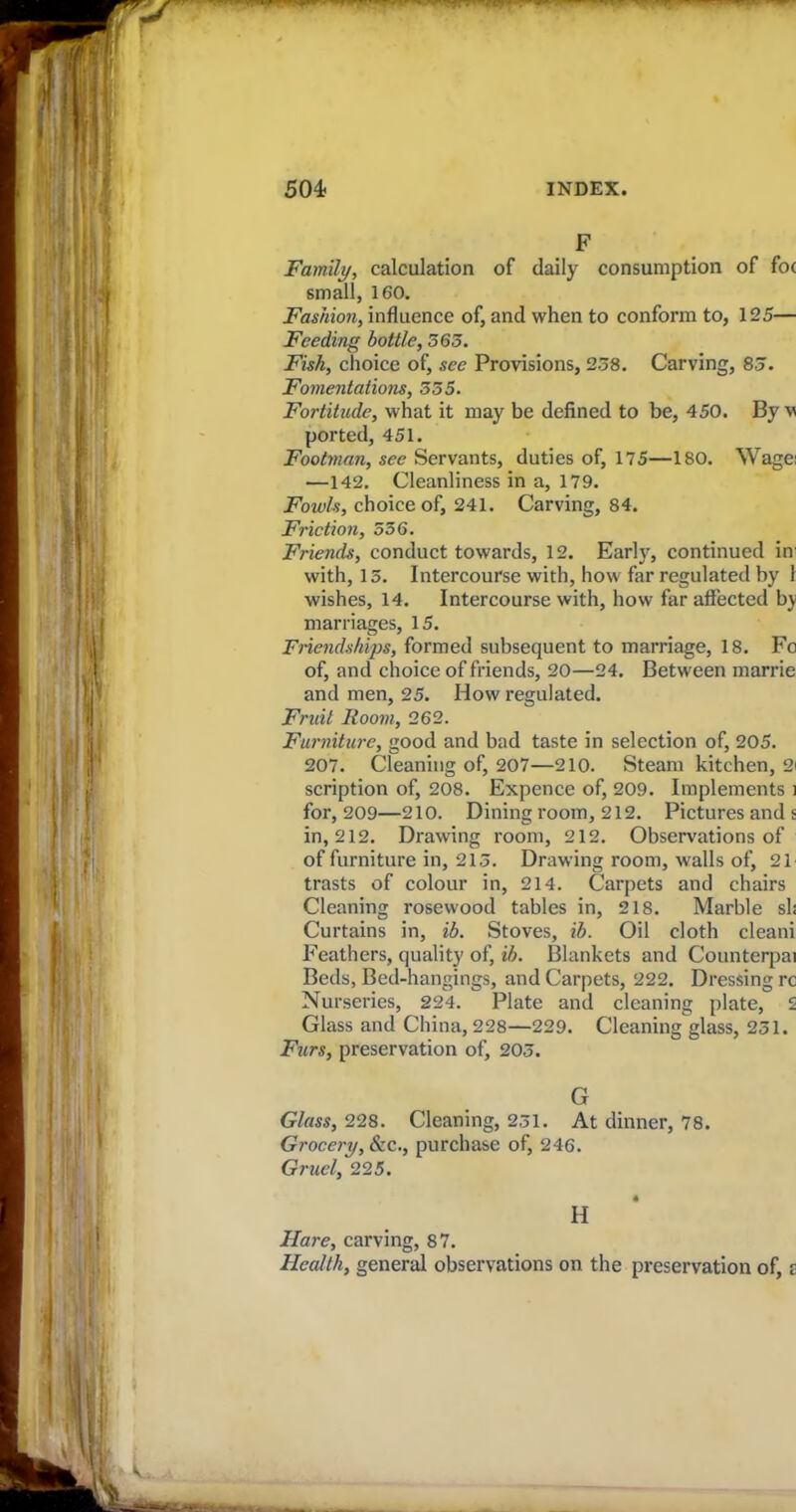 F Family, calculation of daily consumption of fo( small, 160. Fashion, influence of, and when to conform to, 125— Feeding bottle, 565. Fish, choice of, see Provisions, 258. Carving, 85. Fomentations, 555. Fortitude, what it may be defined to be, 450. By v ported, 451. Footman, see Servants, duties of, 175—180. Wage; —142. Cleanliness in a, 179. Fowls, choice of, 241. Carving, 84. Friction, 556. Friends, conduct towards, 12. Early, continued in' with, 15. Intercourse with, how far regulated by 1 wishes, 14. Intercourse with, how far affected by marriages, 15. Friendships, formed subsequent to marriage, 18. Fo of, and choice of friends, 20—24. Between marrie and men, 25. How regulated. Fruit Room, 262. Furniture, good and bad taste in selection of, 205. 207. Cleaning of, 207—210. Steam kitchen, 2i scription of, 208. Expence of, 209. Implements i for, 209—210. Dining room, 212. Pictures and s in, 212. Drawing room, 212. Observations of of furniture in, 213. Drawing room, walls of, 21 trasts of colour in, 214. Carpets and chairs Cleaning rosewood tables in, 218. Marble sli Curtains in, ib. Stoves, ib. Oil cloth cleani Feathers, quality of, ib. Blankets and Counterpai Beds, Bed-hangings, and Carpets, 222. Dressing rc Nurseries, 224. Plate and cleaning plate, 2 Glass and China, 228—229. Cleaning glass, 251. Furs, preservation of, 203. G Glass, 228. Cleaning, 251. At dinner, 78. Grocery, &c., purchase of, 246. Gruel, 225. • H Hare, carving, 87. Health, general observations on the preservation of, t