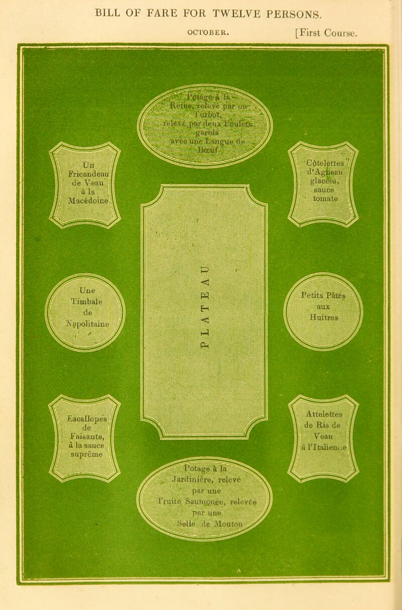 OCTOBER. [First Course. Ijliji HIM sauce tomato Petits Pates am Huitres Attelottes de Ris de Vean ii l’ltaiieDi.e Jardiniere, roleve to fiiiuin^neu, relevfe pnr uue •'>elle dc -Uouton