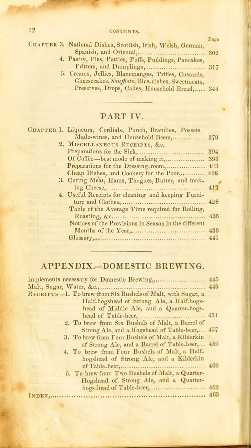 Chapter 3. National Dishes, Scottish, Irish, Welsh, German, Spanish, and Oriental, 302 4. Pastry, Pies, Patties, Puffs, Puddings, Pancakes, Fritters, and Dumplings, 317 5. Creams, Jellies, Blancmanges, Trifles, Custards, Cheesecakes, Soufflets, Rice-dishes, Sweetmeats, Preserves, Drops, Cakes, Household Bread, 344 PART IV. Chapter 1. Liqueurs, Cordials, Punch, Brandies, Possets Made-wines, and Household Beers, 379 2. Miscellaneous Receipts, &c. Preparations for the Sick, 394 Of Coffee—best mode of making it, 398 Preparations for the Dressing-room, 4<‘3 Cheap Dishes, and Cookery for the Poor, 406 3. Curing Meat, Hams, Tongues, Butter, and mak- ,, ing Cheese, .’ 412 4. Useful Receipts for cleaning and keeping Furni- ture and Clothes, 428 Table of the Average Time required for Boiling, Roasting, &c 435 Notices of the Provisions in Season in the different Months of the Year, 438 Glossary, 441 APPENDIX.—DOMESTIC BREWING. Implements necessary for Domestic Brewing, 445 Malt, Sugar, Water, &c., 449 Receipts—1. Tobrew from Six Bushels of Malt, with Sugar, a Half-hogshead of Strong Ale, a Half-hogs- head of Middle Ale, and a Quarter-hogs- head of Table-beer, 451 2. To brew from Six Bushels of Malt, a Barrel of Strong Ale, and a Hogshead of Table-beer,... 457 3. To brew from Four Bushels of Malt, a Kilderkin of Strong Ale, and a Barrel of Table-beer,... 459 4. To brew from Four Bushels of Malt, a Half- hogshead of Strong Ale, and a Kilderkin of Table-beer, 460 5. To brew from Two Bushels of Malt, a Quarter- Hogshead of Strong Ale, and a Quarter- hogs-head of Table-beer, 462 463 Index*,