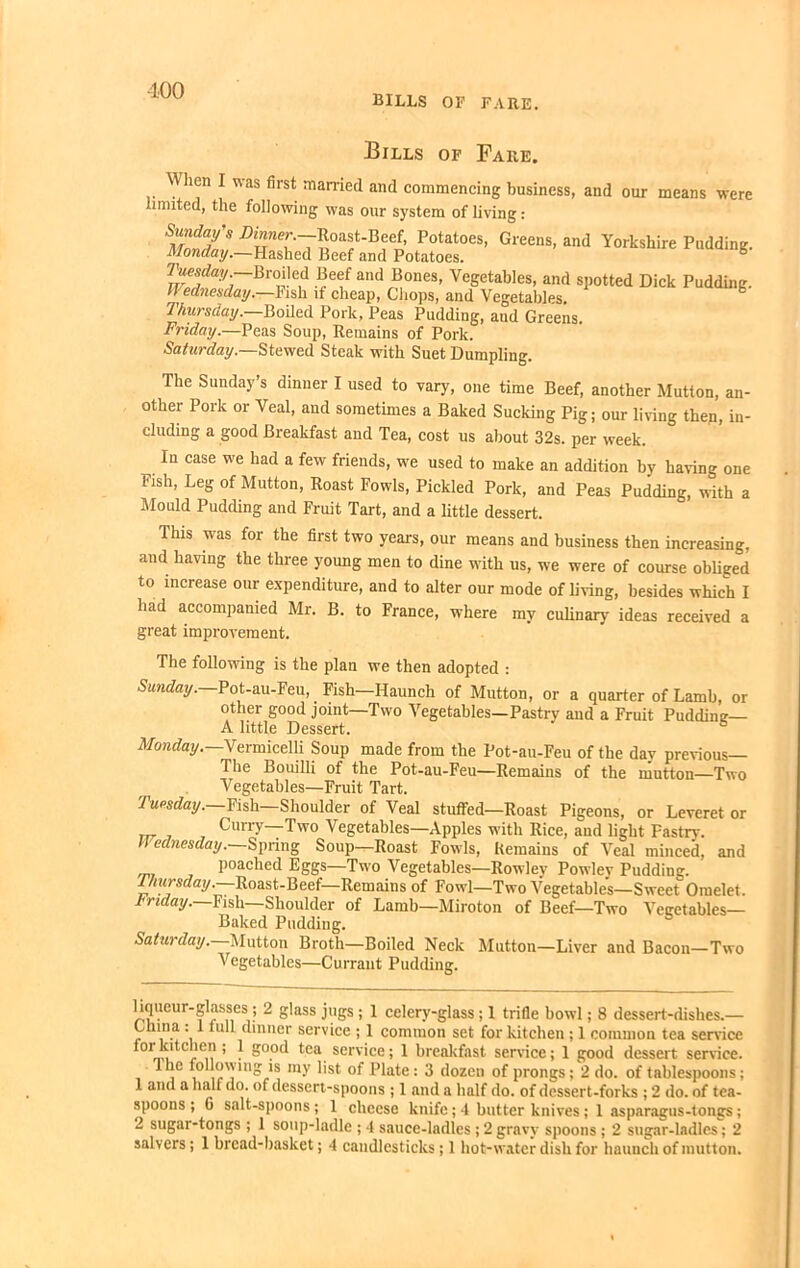 bills of fare. Bills of Fare. When I was first married and commencing business, and our means were limited, the following was our system of living: SMnS, Potatoes, Greens, and Yorkshire Pudding. Monday.—Hashed Beef and Potatoes. Tuesday — Broiled Beef and Bones, Vegetables, and spotted Dick Pudding. W ednesday.—Fish if cheap, Chops, and Vegetables. Thursday.—Boiled Pork, Peas Pudding, and Greens. Friday.—Peas Soup, Remains of Pork. Saturday.—Stewed Steak with Suet Dumpling. The Sunday’s dinner I used to vary, one time Beef, another Mutton, an- other Pork or Veal, and sometimes a Baked Sucking Pig; our living then, in- cluding a good Breakfast and Tea, cost us about 32s. per week. lu case we had a few friends, we used to make an addition by having one Fish, Leg of Mutton, Roast Fowls, Pickled Pork, and Peas Pudding, with a Mould Pudding and Fruit Tart, and a little dessert. This was for the first two years, our means and business then increasing, and having the three young men to dine with us, we were of course obliged to increase our expenditure, and to alter our mode of living, besides which I had accompanied Mr. B. to France, where my culinary ideas received a great improvement. The following is the plan we then adopted : Sunday.—Pot-au-Feu, Fish—Haunch of Mutton, or a quarter of Lamb, or other good joint—Two Vegetables—Pastry and a Fruit Pudding A little Dessert. 6 Monday. Vermicelli Soup made from the Pot-au-Feu of the dav previous— The Bouilli of the Pot-au-Feu—Remains of the mutton—Two Vegetables—Fruit Tart. Tuesday. Fish—Shoulder of Veal stuffed—Roast Pigeons, or Leveret or Curry—Two Vegetables—Apples with Rice, and light Pastry. Wednesday.—Spring Soup—Roast Fowls, Remains of Veal minced, and poached Eggs—Two Vegetables—Rowley Powley Pudding. Thursday.—Roast-Beef— Remains of Fowl—Two Vegetables—SweetOmelet. vrulay.—Fish—Shoulder of Lamb—Miroton of Beef—Two Vegetables Baked Pudding. Saturday. Mutton Broth—Boiled Neck Mutton—Liver and Bacon—Two Vegetables—Currant Pudding. liqueur-glasses; 2 glass jugs ; 1 celery-glass ; 1 trifle bowl; 8 dessert-dishes.— China : 1 lull dinner service ; 1 common set for kitchen; 1 common tea service for kdclien ; 1 good tea service; 1 breakfast service; 1 good dessert service. ,c P°!lowin-is my list of Plate: 3 dozen of prongs; 2 do. of tablespoons; 1 and a half do. of dessert-spoons ; 1 and a half do. of dessert-forks ; 2 do. of tea- spoons ; 6 salt-spoons ; 1 cheese knife; 4 butter knives ; 1 asparagus-tongs; 2 sugar-tongs ; 1 soup-ladle ; 4 sauce-ladles ; 2 gravy spoons ; 2 sugar-ladles; 2 salvers; 1 bread-basket; 4 candlesticks; 1 hot-water dish for haunch of mutton.