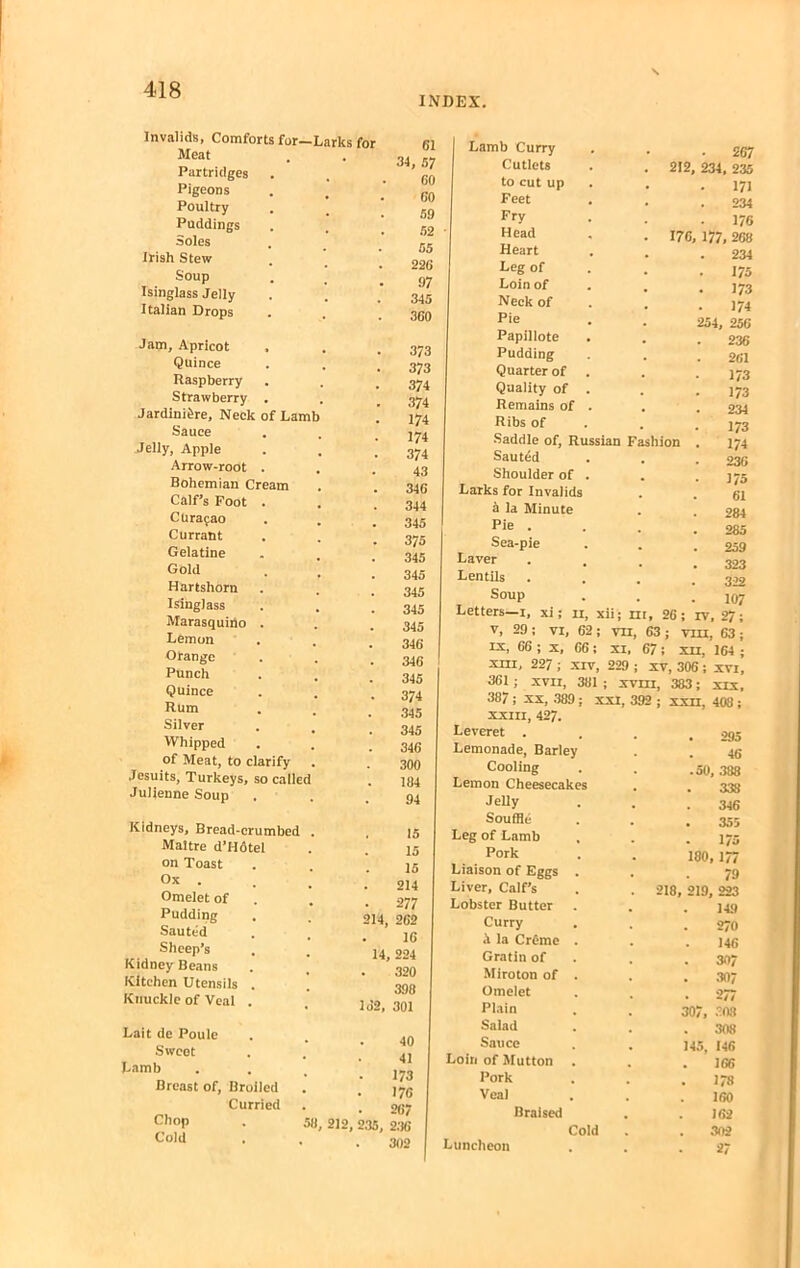 INDEX Invalids, Comforts for—Larks for Meat Partridges Pigeons Poultry Puddings Soles Irish Stew Soup Isinglass Jelly Italian Drops Jam, Apricot Quince Raspberry Strawberry Jardiniere, Neck of Lamb Sauce Jelly, Apple Arrow-root Bohemian Cream Calf’s Foot Curasao Currant Gelatine Gold Hartshorn Isinglass Marasquitto Lemon Orange Punch Quince Rum Silver Whipped of Meat, to clarify Jesuits, Turkeys, so callec Julienne Soup Kidneys, Bread-crumbed Maitre d’Hotei on Toast Ox . Omelet of Pudding Sauted Sheep’s Kidney Beans Kitchen Utensils Knuckle of Veal Lait de Poule Sweet Lamb Breast of, Chop Cold 61 34, 57 GO GO 59 52 55 226 97 345 360 373 373 374 374 174 174 374 43 346 344 345 375 345 345 345 345 345 346 346 345 374 345 345 346 300 184 94 15 15 15 214 277 214, 262 16 14, 224 320 398 Id2, 301 Broiled Curried 40 41 173 17G 2G7 58, 212, 235, 236 • . 302 Lamb Curry Cutlets to cut up Feet Fry Head Heart Leg of Loin of Neck of Pie Papillote Pudding Quarter of Quality of Remains of Ribs of Saddle of, Russian Fashion Sauted Shoulder of Larks for Invalids k la Minute Pie . Sea-pie Laver Lentils Soup 176 • 267 212, 234, 235 171 234 176 177, 268 234 175 173 174 254, 256 236 261 173 173 234 173 174 236 175 61 284 285 259 323 322 107 Letters—1, xi; 11, xli; m, 26; rv, 27; V, 29 ; VI, 62 ; to, 63 ; vm, 63 ; rx, 66 ; x, 66: xi, 67; xn, 164 ; xni, 227 ; xrv, 229 ; xv, 306 ; xvi, 361 ; XVII, 381 ; xvm, 383; xix. 387; xx, 389 xxiii, 427. Leveret . Lemonade, Barle Cooling Lemon Cheesecakes Jelly Souffle Leg of Lamb Pork Liaison of Eggs Liver, Calf’s Lobster Butter Curry k la Creme Gratin of Miroton of Omelet Plain Salad Sauce Loin of Mutton Pork Veal Braised Luncheon XXI, 392 ; xxn, 408 ; 295 46 .50, 388 338 346 . 355 . 175 180, 177 79 218, 219, 223 149 270 146 307 307 • 277 307, 308 308 145, 146 166 . 178 160 162 Cold . . 302 27