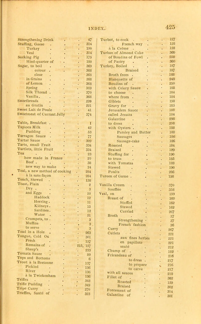 Strengthening Drink 47 Stuffing, Goose . 314 Turkey 11)0 Veal . . 314 Sucking Pig 375 Hind-quarter of • . 180 Sugar, to boil 363 colour . 368 clear 368 in Grains . 368 of Lemon 368 Spring . 369 Silk Thread . 370 Vanilla. 368 Sweetbreads 220 au Gratin . 221 Sweet Lait de Poule 41 Sweetmeat of Currant Jelly 374 Table, Breakfast . I Tapioca Milk . 42 Pudding S3 Tarragon Sauce . 77 Tartar Sauce 309 Tarts, small Fruit 334 Tartlets, little Fruit 334 Tea 23 how made in France . 20 Beef . 38 new way to make 24 Teal, a new method of cooking . 284 a la sans facon 284 Tench, Stewed 138 Toast, Plain . . . 2 Dry . 3 and Eggs 10 Haddock 12 Herring . 11 Kidneys. . 15 Sardines. 12 Water 51 Crumpets, to . 3 Muffins . 3 to serve . 3 Toad in a Hole , . 263 Tongue, Cold Ox 301 Fresh . 157 Remains of . 215, 157 Sheep’s 233 Tomata Sauce . . 80 Tops and Bottoms 6 Trout a la Bretonnc 137 Pickled 136 River 136 a la Twickenham . 136 Trifles , 348 Trifle Pudding . . . 349 Tripe Curry 270 Truffles, Sautd of . 323 Turbot, to cook . 127 French way 128 a la Creme 128 Turban of Almond Cake 360 of Boudins of Fowl . 250 of Pastry 360 Turkey, Boiled 187 Braised 187 Broth from . 188 Blanquette of 248 Boudins of 250 with Celery Sauce . 188 to choose 184 where from . 184 Giblets 198 Gravy for 185 Jerusalem Sauce 188 called Jesuits 184 Galantine 298 to dress 298 with Oysters . 188 Parsley and Butter 188 Sausages 186 Sausage-cake 186 Roasted 184 Braised 189 Stuffing for . 190 to truss 185 with Tomatas 188 Stewed 190 Poults 286 Tureen of Game . 198 Vanilla Cream 370 Soufflee 358 Veal, on 159 Breast of 160 Stuffed 162 Stewed 162 Curried 267 Broth 37 Strengthening • 37 French fashion 36 Curry 267 Cutlets • • 221 aux fines herbes 221 en papillote 221 sautd 212 Chump of . 182 Frieandeau of 216 to dress . 217 to prepare 216 to carve 217 with all sauces 218 Fillet of 302 Roasted 159 Braised 302 Forcemeat of 314 Galantine of 301