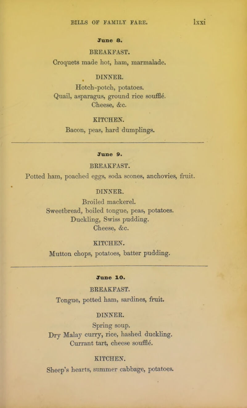 June 8. BREAKFAST. Croquets made hot, ham, marmalade. DINNER. • Hotch-potch, potatoes. Quail, aspai-agus, ground rice souffle. Cheese, &c. KITCHEN. Bacon, peas, hard dumplings. June 9. BREAKFAST. Potted ham, poached eggs, soda scones, anchovies, fruit. DINNER. Broiled mackerel. Sweetbread, boiled tongue, peas, potatoes. Duckling, Swiss pudding. Cheese, &c. KITCHEN. Mutton chops, potatoes, batter pudding. June 10. BREAKFAST. Tongue, potted ham, sardines, fruit. DINNER. Spring soup. Dry Malay curry, rice, hashed duckling. Currant tart, cheese souffle. KITCHEN. Sheep’s hearts, summer cabbage, potatoes.