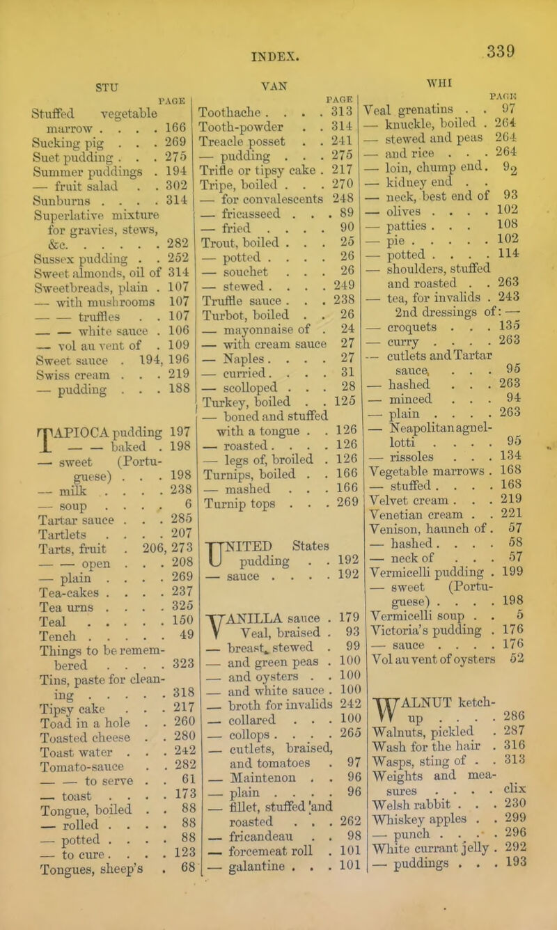 STU PAGE Stuffed vegetable marrow .... 166 Sucking pig . . . 269 Suet pudding . . . 275 Summer puddings . 194 — fruit salad . . 302 Sunburns . . . . 314 Superlative mixture for gravies, stews, &e 282 Sussex pudding . . 252 Sweet almonds, oil of 314 Sweetbreads, plain . 107 — with mushrooms 107 truffles . .107 white sauce . 106 — vol au vent of .109 Sweet sauce . 194, 196 Swiss cream . . . 219 — pudding . . .188 rpAPIOCA pudding 197 1 baked . 198 — sweet (Portu- guese) . . . 198 — milk .... 238 — soup . . . / 6 Tartar sauce . . . 285 Tartlets .... 207 Tarts, fruit . 206, 273 open . . . 208 — plain .... 269 Tea-eakes .... 237 Tea urns .... 325 Teal 150 Tench 49 Things to be remem- bered .... 323 Tins, paste for clean- ing 318 Tipsy cake . . .217 Toad in a hole . . 260 Toasted cheese . . 280 Toast water . . .242 Tomato-sauce . . 282 — — to serve . . 61 — toast . . • .173 Tongue, boiled . . 88 — rolled .... 88 — potted .... 88 — to cure .... 123 Tongues, sheep’s . 68 VAN PAGE Toothache. . . .313 Tooth-powder . .314 Treacle posset . .241 — pudding . . .275 Trifle or tipsy cake . 217 Tripe, boiled . . .270 — for convalescents 248 — fricasseed . . 89 — fried .... 90 Trout, boiled . . . 25 — potted .... 26 — souchet . . . 26 — stewed .... 249 Truffle sauce. . . 238 Turbot, boiled . . 26 — mayonnaise of . 24 — with cream sauce 27 — Naples.... 27 — curried. . 31 — scolloped . . . 28 Turkey, boiled . . 125 — boned and stuffed with a tongue . . 126 — roasted.... 126 — legs of, broiled . 126 Turnips, boiled . . 166 — mashed . . . 166 Turnip tops . . . 269 NITED States pudding . .192 — sauce .... 192 YANILLA sauce .179 Yeal, braised . 93 — breast* stewed . 99 — and green peas . 100 — and oysters . .100 — and white sauce . 100 — broth for invalids 242 — collared . . .100 — collops .... 265 — cutlets, braised, and tomatoes . 97 — Maintenon . . 96 — plain .... 96 — fillet, stuffed [and roasted . . . 262 — fricandeau . . 98 — forcemeat roll . 101 —. galantine . . .101 win PAGE Veal grenatins . . 97 — knuckle, boiled . 2(54 — stewed and peas 264 — and rice . . • 264 — loin, chump end. 92 — kidney end . . — neck, best end of 93 — olives . . . .102 — patties ... 108 — pie 102 — potted . . . .114 — shoulders, stuffed and roasted . . 263 — tea, for invalids . 243 2nd dressings of: — — croquets . . .135 — curry . . . . 263 — cutlets and Tartar sauce, . . .95 — hashed . . .263 — minced ... 94 -—- plain .... 263 — Neapolitan agn el- lot ti . ... 95 — rissoles . . .134 Vegetable marrows . 168 — stuffed .... 168 Velvet cream. . .219 Venetian cream . .221 Venison, haunch of. 57 — hashed.... 58 — neck of ... 57 Vermicelli pudding . 199 — sweet (Portu- guese) .... 198 Vermicelli soup . . 5 Victoria’s pudding . 176 — sauce . . . .176 Vol au vent of oysters 52 WALNUT ketch- up ... • 286 Walnuts, pickled . 287 Wash for the hair . 316 Wasps, sting of . . 313 Weights and mea- sures .... clix Welsh rabbit ... 230 Whiskey apples . . 299 — punch . . .• . 296 White currant jelly . 292 — puddings . . . 193