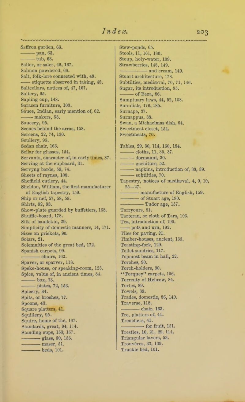 Saffron gai'dcn, C3. pan, 63. tub, 63. Sailer, or saler, 48, 167. Salmon po'wdered, 66. Salt, folk-lore connected with, 48. • etiquette observed in taking, 48. Saltcellars, notices of, 47, 167. Saltery, 95. Sapling cup, 148. Saracen furniture, 103. Sauce, Indian, early mention of, 62. makers, 63. Saucery, 95. Scenes behind the arras, 158. Screens, 22, 74, 130. Scullery, 95. Sedan chair, 163. Sellar for glasses, 154. Servants, character of, in early times, 87. Serving at the cupboard, 31. Servyng borde, 59, 74. Sheets of raynes, 108. Shefiheld cutlery, 44. Sheldon, William, the first manufacturer of English tapestry, 159. Ship or nef, 57, 58, 59. Shirts, 92, 93. Show-plate guarded by buffetiers, 168. Shuffle-board, 178. Silk of baudekin, 29. Simplicity of domestic manners, 14, 171. Sizes on prickets, 90. Solars, 21. Solemnities of the great bed, 172. Spanish carpets, 99. chairs, 162. Spaver, or sparver, 118. Speke-house, or speaking-room, 123. Spice, value of, in ancient times, 84. box, 73. plates, 72, 153. Spicery, 84. Spits, or broches, 77. Spoons, 43. Square platters, 41. Squillery, 95. Squire, home of the, 187. Standards, great, 94, 114. Standing cups, 153, 167. glass, 50, 153. maser, 51. beds, 101. Stew-ponds, 65. Stools, 11, 161, 180. Stoup, holy-water, 109. Strawberries, 148, 149. and cream, 149. Stuart architecture, 178. Subtilties, mediceval, 70, 71, 146. Sugar, its introduction, 85. of Beza, 86. Sumptuary laws, 44, 52, 108. Sun-dials, 176, 185. Surnape, 37. Sumappus, 38. Swan, a Michaelmas dish, 04. Sweetmeat closet, 154. Sweetmeats, 70. Tables, 29, 30, 114, 160, 184. ■ cloths, 11, 35, 37. dormaunt, 30. garniture, 52. napkins, introduction of, 38, 39. subtilties, 70. Tapestry, notices of medieval, 4, 9, 10, 25—27. manufacture of English, 159. of Stuart age, 180. Tudor age, 157. Tarryours, 81. Tarteran, or cloth of Tars, 103. Tea, introduction of, 190. pots and um, 192. Tiles for paving, 21. Timber-houses, ancient, 135. Toasting-fork, 129. Toilet sundries, 117. Topmost beam in hall, 22. Torches, 90. Torch-holders, 90. “Torquey” carpets, 156. Torrcnty of Hebrew, 84. Tories, 89. Towels, 39. Trades, domestic, 86, 140. Traverse, 118. chair, 163. Tre, platters of, 41. Trenchers, 41. for fruit, 151. Trestles, 10, 21, 29, 114. Triangular lavers, 53. Trouvferes, 33, 139. Truckle bed, 101.