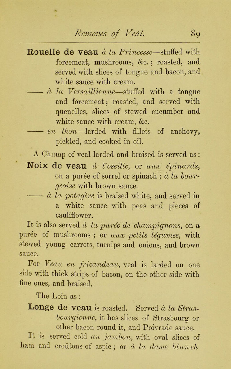 Rouelle de veau a la Princesse—stuffed with forcemeat, mushrooms, &c. ; roasted, and served with slices of tongue and bacon, and white sauce with cream. d lcc Versaillienne—stuffed with a tongue and forcemeat; roasted, and served with quenelles, slices of stewed cucumber and white sauce with cream, &c. en thon—larded with fillets of anchovy, pickled, and cooked in oil. A Chump of veal larded and braised is served as: Noix de veau a Voseille, or ctux epinards, on a puree of sorrel or spinach ; d la bour- geoise with brown sauce. d la potagere is braised white, and served in a white sauce with peas and pieces of cauliflower. It is also served d la puree de champignons, on a puree of mushrooms ; or aux petits legumes, with stewed youug carrots, turnips and onions, and brown sauce. For Veau en fricandeau, veal is larded on one side with thick strips of bacon, on the other side with fine ones, and braised. The Loin as : Longe de veau is roasted. Served d la Stras- bourgienne, it has slices of Strasbourg or other bacon round it, and Poivrade sauce. It is served cold an jambon, with oval slices of ham and croutons of aspic; or d la dame blanch