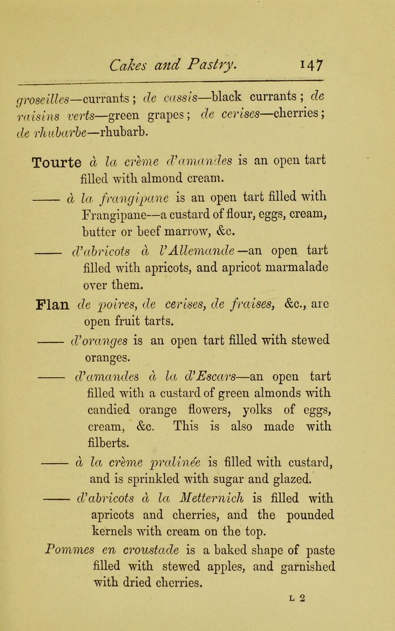 groseilles—currants ; de cassis—black currants ; cle raisins verts—green grapes; cle cerises—cherries; de rhu barbe—rhubarb. Tourte d la creme cVamandes is an open tart filled with almond cream. d la frangipane is an open tart filled with Frangipane—a custard of flour, eggs, cream, butter or beef marrow, &c. cVabricots d VAllemancle —an open tart filled with apricots, and apricot marmalade over them. Flan de poires, cle cerises, de fraises, &c., are open fruit tarts. cV oranges is an open tart filled with stewed oranges. d’amandes d la cVEscars—an open tart filled with a custard of green almonds with candied orange flowers, yolks of eggs, cream, &c. This is also made with filberts. d la creme prcdinee is filled with custard, and is sprinkled with sugar and glazed. cVabricots d la Metternich is filled with apricots and cherries, and the pounded kernels with cream on the top. Pommes en croustacle is a baked shape of paste filled with stewed apples, and garnished with dried cherries.