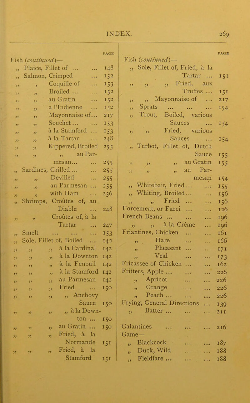 PAGE PAGB Fish (continued)— Fish (continued)— 99 Plaice, Fillet of 148 „ Sole, Fillet of, Fried, a la 99 Salmon, Crimped 152 Tartar ... 151 99 5 Coquille of i53 „ „ „ Fried, aux 99 59 Broiled ... 152 Truffes ... 151 99 99 au Gratin 152 „ „ Mayonnaise of 217 J 9 55 a l’lndienne 152 „ Sprats i54 99 55 Mayonnaise of... 217 „ Trout, Boiled, various 99 55 Souchet i53 Sauces 154 J? 55 a la Stamford ... T53 „ ,, Fried, various 99 55 h la Tartar 248 Sauces i54 55 55 Kippered, Broiled 255 ,, Turbot, Fillet of, Dutch 9> 59 „ au Par- Sauce 155 mesan... 255 „ „ „ au Gratin 155 59 Sardines, Grilled... 255 „ „ „ au Par- J? 59 Devilled 255 mesan i54 99 55 au Parmesan ... 255 „ Whitebait, Fried ... i55 99 99 with Ham 256 „ Whiting, Broiled... 156 99 Shrimps, Croutes of, au >, „ Fried 156 Diable 248 Forcemeat, or Farci ... 126 95 55 Croutes of, a la French Beans 196 Tartar 247 „ „ k la Creme 196 99 Smelt ... • . . „. . 153 Friantines, Chicken 161 5? Sole, Fillet of, Boiled ... 142 „ Hare 166 59 59 „ k la Cardinal 142 „ Pheasant 171 >9 55 „ a la Downton 142 „ Veal i73 59 59 „ a la Fenouil 142 Fricassee of Chicken 162 59 99 „ a la Stamford 142 Fritters, Apple 226 >5 55 „ au Parmesan 142 „ Apricot 226 59 „ Fried 150 „ Orange 226 59 95 „ „ Anchovy „ Peach 226 Sauce 150 Frying, General Directions ... 139 55 55 „ „ k la Down- „ Batter 211 ton ... 150 55 99 „ au Gratin ... 150 Galantines 216 55 55 „ Fried, k la Game— Normande 151 „ Blackcock 187 55 59 „ Fried, k la „ Duck, Wild 188 Stamford 151 „ Fieldfare 188