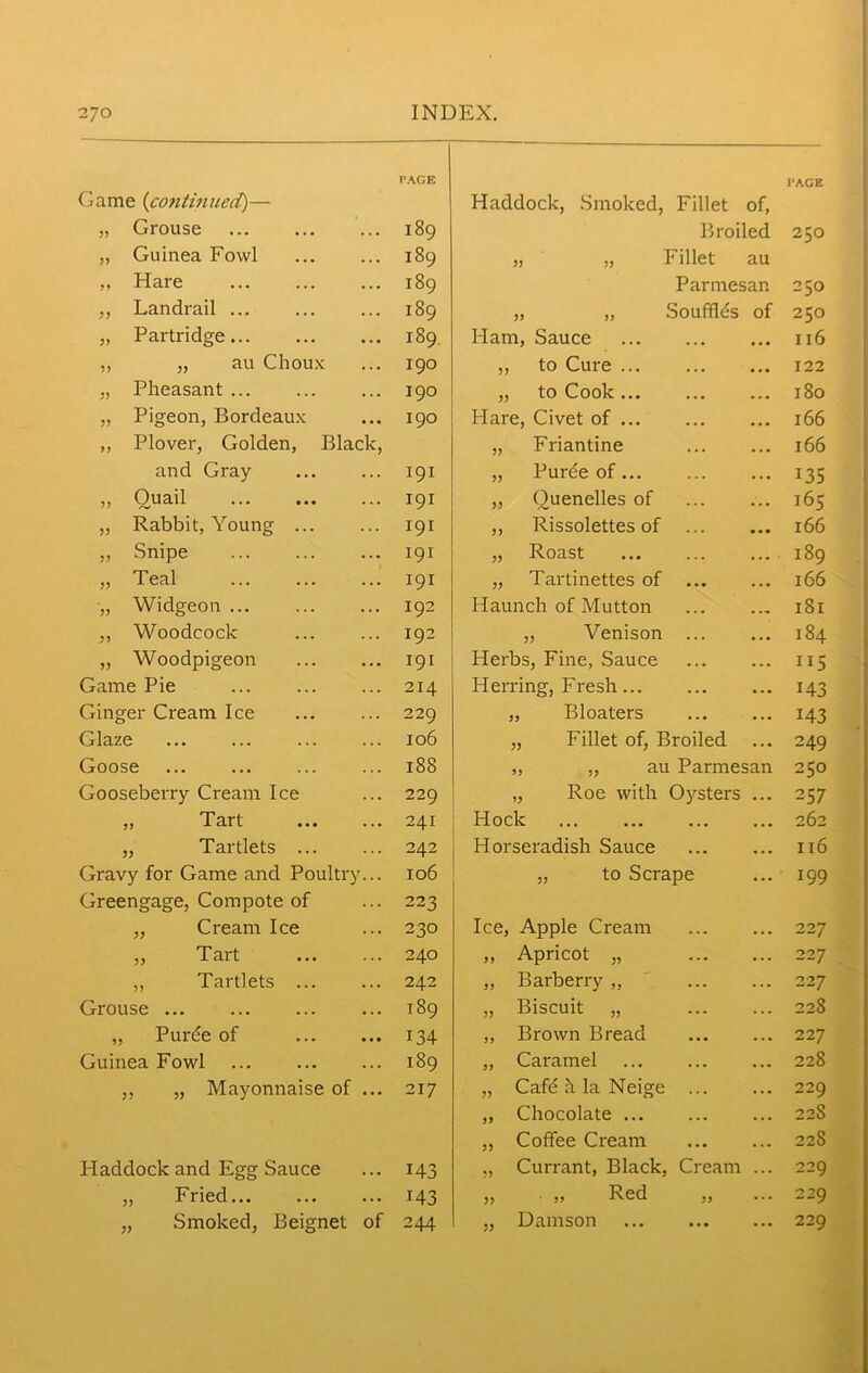 PAGE PAGE Game (continued)— Haddock, Smoked, Fillet of, „ Grouse 189 Broiled 10 Oi O „ Guinea Fowl 189 „ „ Fillet au ,, Hare 189 Parmesan 250 ,, Landrail ... 189 „ „ Souffles of 250 „ Partridge... 189. Ham, Sauce 116 ,, „ au Choux 190 ,, to Cure ... 122 „ Pheasant ... 190 „ to Cook 180 „ Pigeon, Bordeaux 190 I-Iare, Civet of 166 „ Plover, Golden, Black, „ Friantine 166 and Gray 191 „ Puree of... 135 » Quail 191 ,., Quenelles of 165 ,, Rabbit, Young ... 191 ,, Rissolettes of 166 ,, Snipe 191 „ Roast 189 „ Teal 191 „ Tartinettes of 166 „ Widgeon ... 192 Haunch of Mutton 181 ,, Woodcock 192 „ Venison ... 184 „ Woodpigeon 191 Herbs, Fine, Sauce 115 Game Pie 214 Herring, Fresh... 143 Ginger Cream Ice 229 ,, Bloaters M3 Glaze 106 „ Fillet of, Broiled 249 Goose 188 ,, „ au Parmesan 250 Gooseberry Cream Ice 229 „ Roe with Oysters ... 257 „ Tart 241 Hock ... 262 „ Tartlets 242 Horseradish Sauce 116 Gravy for Game and Poultry... 106 „ to Scrape 199 Greengage, Compote of 223 „ Cream Ice 230 Ice, Apple Cream 227 „ Tart 240 ,, Apricot „ 22 7 ,, Tartlets ... 242 „ Barberry „ 22 7 Grouse ... 189 „ Biscuit „ 228 ,, Puree of 134 „ Brown Bread 22 7 Guinea Fowl 189 „ Caramel 228 ,, „ Mayonnaise of ... 217 „ Cafd h la Neige 229 ,, Chocolate 228 ,, Coffee Cream 22S Haddock and Egg Sauce 143 „ Currant, Black, Cream ... 229 „ Fried... i43 j? • Red jj ••• 229 „ Smoked, Beignet of 244 „ Damson 229