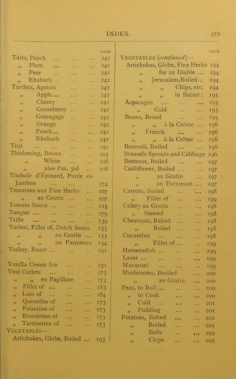 PAGE PAGE Tarts, Peach 241 Vegetables (continued)— „ Plum 241 Artichokes, Globe, Fine Herbs 194 „ Pear 241 ., for au Diable ... 194 „ Rhubarb 242 „ Jerusalem,Boiled... 194 Tartlets, Apricot 242 „ . „ Chips, etc. 194 „ Apple 242 „ „ in Batter. *95 „ Cherry 242 Asparagus *95 ,, Gooseberry ... 242 „ Cold *95 „ Greengage 242 Beans, Broad *95 „ Orange 242 ,, ,, a la Creme ... 196 „ Peach 242 „ French 196 „ Rhubarb 242 „ „ k la Creme ... 196 Teal 191 Broccoli, Boiled 196 Thickening, Brown 105 Brussels Sprouts and Cabbage 196 „ White 106 Beetroot, Boiled 197 „ also Par. 3rd 108 Cauliflower, Boiled ... 197 Timbale d’Epinard, Puree de ,, au Gratin 197 Jambon r74 ,, au Parmesan ... 197 Tomatoes aux Fine Herbs 0 n Carrots, Boiled 198 „ au Gratin ... 207 „ Fillet of *99 Tomato Sauce 125 Celery au Gratin 198 Tongue 179 ,, Stewed J98 Trifle 239 Chestnuts, Baked ... 198 Turbot, Fillet of, Dutch Sauce 155 „ Boiled ... 198 „ „ au Gratin ... 155 Cucumber 198 „ „ au Parmesan 154 „ Fillet of 199 Turkey, Roast 192 Horseradish 199 Laver 199 Vanilla Cream Ice 231 Macaroni 199 Veal Cutlets 17 3 Mushrooms, Broiled 200 „ „ en Papillote 173 ,, au Gratin 200 „ Fillet of 183 Peas, to Boil 200 „ Loin of 184 55 to Cook • 200 „ Quenelles of 173 „ Cold 201 „ Friantine of *73 „ Pudding 201 „ Rissolettes of 173 Potatoes, Baked 201 „ Tartinettes of *73 „ Boiled 201 Vegetables— „ Balls 202 Artichokes, Globe, Boiled ... *93 „ Chips 202