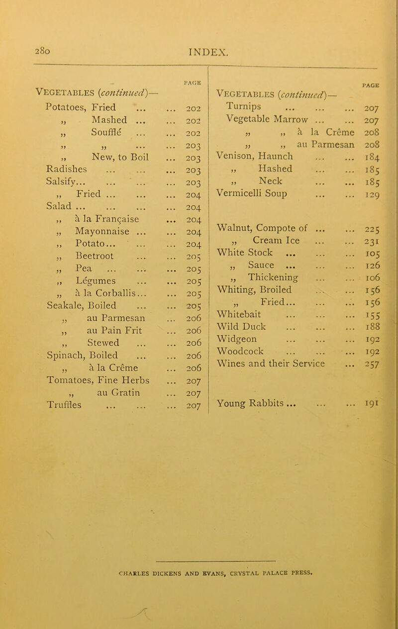 PAGE PAGE Vegetables (continued)— Vegetables (continued)— Potatoes, Fried .. 202 Turnips 207 „ Mashed ... 202 Vegetable Marrow 207 „ Souffld 202 „ „ h la Creme 208 .. 203 „ „ au Parmesan 208 „ New, to Boil .. 203 Venison, Haunch 184 Radishes .. 203 ,, Hashed 185 Salsify... .. 203 >» Neck 185 „ Fried .. 204 Vermicelli Soup 129 Salad .. 204 ,, h la Franchise .. 204 „ Mayonnaise ... .. 204 Walnut, Compote of 225 ,, Potato... .. 204 „ Cream Ice 231 „ Beetroot .. 205 White Stock 105 ,, Pea .. 205 „ Sauce 126 ,, Legumes .. 205 „ Thickening 106 ,, a la Corballis... .. 205 Whiting, Broiled 156 Seakale, Boiled .. 205 „ Fried 156 ., au Parmesan .. 206 Whitebait i55 ,, au Pain Frit .. 206 Wild Duck 188 ,, Stewed .. 206 Widgeon 192 Spinach, Boiled .. 206 Woodcock ... 192 „ a la Creme .. 206 Wines and their Service 257 Tomatoes, Fine Herbs .. 20 7 „ au Gratin .. 207 Truffles .. 207 Young Rabbits 191 CHARLES DICKENS AND EVANS, CRYSTAL PALACE PRESS.