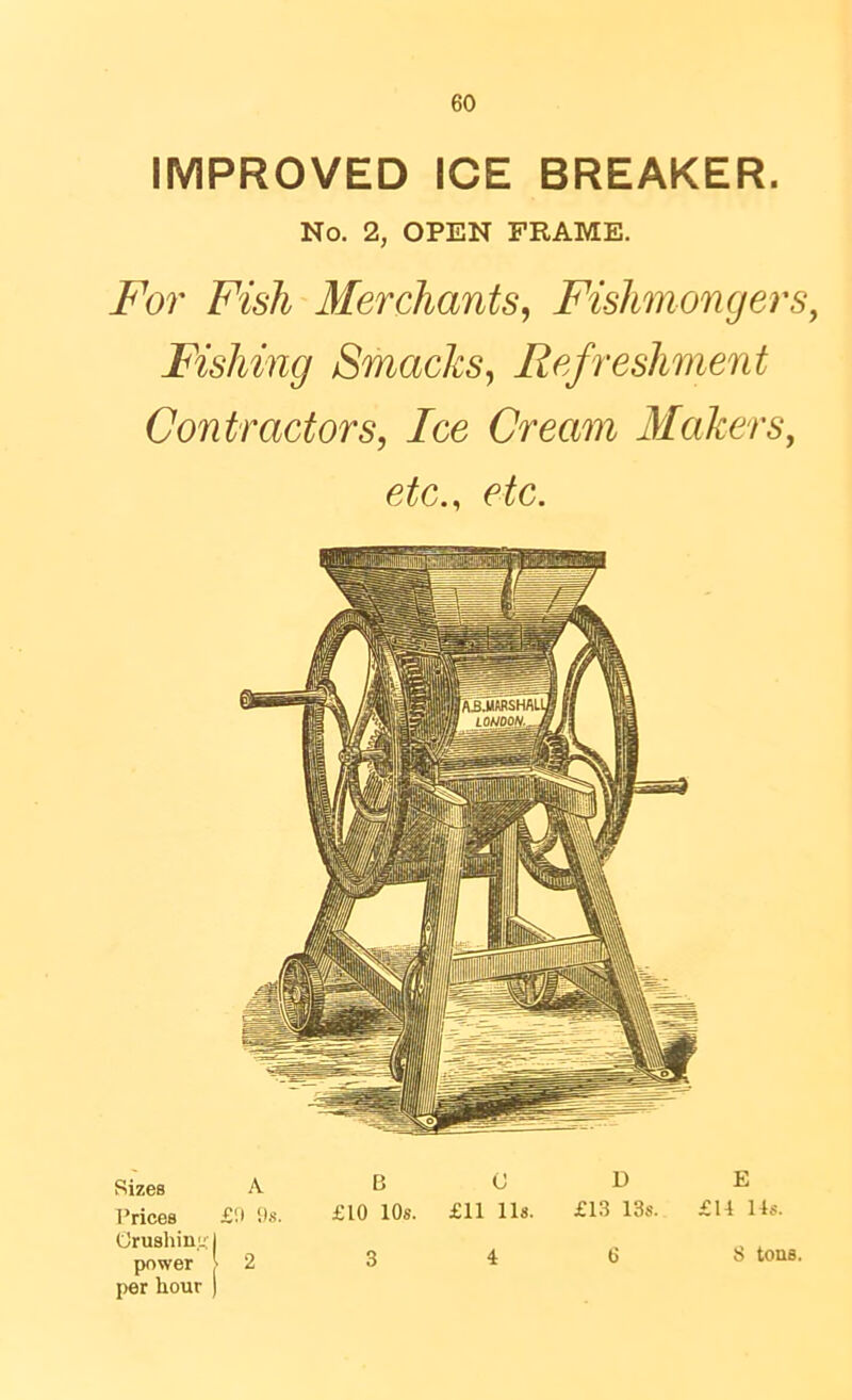 IMPROVED ICE BREAKER. No. 2, OPEN FRAME. For Fish Merchants^ Fishmongers^ Fishing Smacks^ Eefreshment Contractors, Ice Cream Makers, etc., etc. Sizes A Prices £'.• !is. Grushin j power > 2 j)er hour ) bode £10 10s. £11 lls. £13 13s. £14 14s. 3 4 0 S tons.