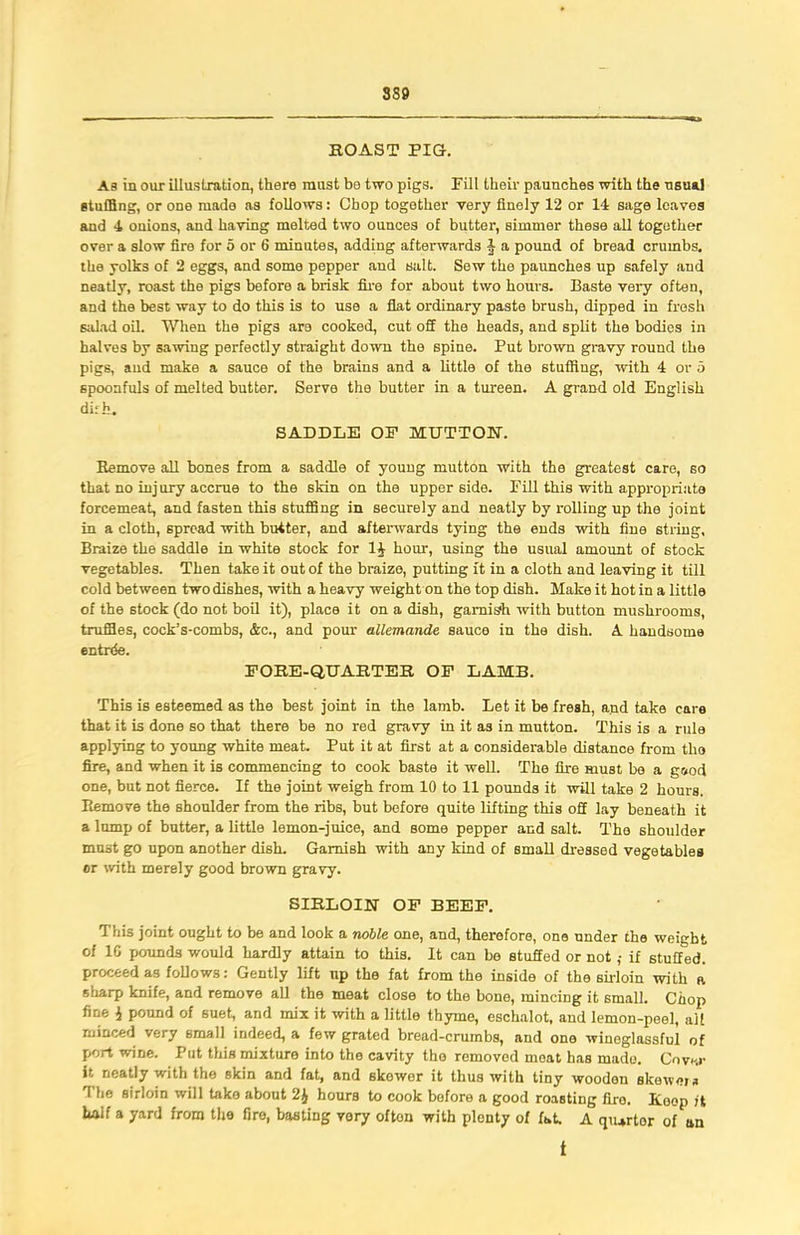8S9 BOAST PIG. As in our illustration, there must bo two pigs. Fill their paunches with the usual stuffing, or one made as follows: Chop together very finely 12 or 14 sage leaves and 4 onions, and having melted two ounces of butter, simmer these all together over a slow fire for 5 or 6 minutes, adding afterwards J a pound of bread crumbs, the yolks of 2 eggs, and some pepper and salt. Sew the paunches up safely and neatly, roast the pigs before a brisk fire for about two hours. Baste very often, and the best way to do this is to use a flat ordinary paste brush, dipped in fresh salad oil. When the pigs are cooked, cut off the heads, and split the bodies in halves by sawing perfectly straight down the spine. Put brown gravy round the pigs, aud make a sauce of the brains and a little of the stuffing, with 4 or 5 spoonfuls of melted butter. Serve the butter in a tureen. A grand old English dir h. SADDLE OP MUTTON. Eemove all bones from a saddle of young mutton with the greatest care, so that no inj ury accrue to the skin on the upper side. Fill this with appropriate forcemeat, and fasten this stuffing in securely and neatly by rolling up the joint in a cloth, spread with butter, and afterwards tying the ends with fine string. Braize the saddle in white stock for H hour, using the usual amount of stock vegetables. Then take it out of the braize, putting it in a cloth and leaving it till cold between two dishes, with a heavy weight on the top dish. Make it hot in a little of the stock (do not boil it), place it on a dish, garnish with button mushrooms, truffles, cock’s-combs, &c., and pour allemande sauce in the dish. X handsome entrde. PORE-QUARTER OP LAMB. This is esteemed as the best joint in the lamb. Let it be fresh, and take care that it is done so that there be no red gravy in it as in mutton. This is a rule applying to young white meat. Put it at first at a considerable distance from the fire, and when it is commencing to cook baste it well. The fire must be a g&od one, but not fierce. If the joint weigh from 10 to 11 pounds it will take 2 hours. Eemove the shoulder from the ribs, but before quite lifting this off lay beneath it a lamp of bntter, a little lemon-juice, and some pepper and salt. The shoulder must go upon another dish. Garnish with any kind of small dressed vegetables or with merely good brown gravy. SIRLOIN OP BEEP. This joint ought to be and look a noble one, and, therefore, one under the weight of 1C pounds would hardly attain to this. It can be stuffed or not; if stuffed, proceed as follows: Gently lift up the fat from the inside of the sirloin with a sharp knife, and remove all the meat close to the bone, minciDg it small. Chop fine i pound of suet, and mix it with a little thyme, eschalot, aud lemon-peel, all minced very small indeed, a few grated bread-crumbs, and one wineglassful of port wine. Put this mixture into the cavity the removed meat has made. Cover it neatly with the skin and fat, and skewer it thus with tiny wooden skewem r\ he sirloin will take about 2J hours to cook before a good roasting fire. Eeop ft half a yard from the fire, basting vory ofton with plenty of fat. A quarter of an t