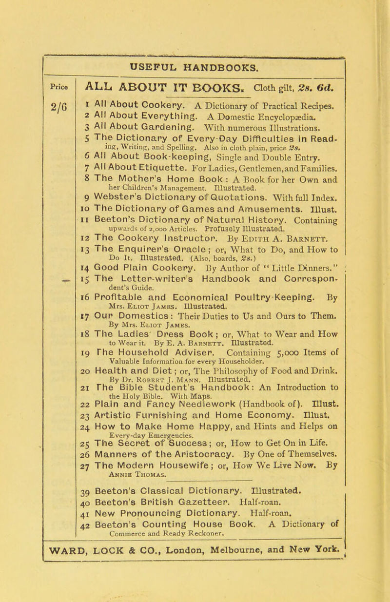 USEFUL HANDBOOKS. Price 2/6 ALL ABOUT IT BOOKS. Cloth gilt, 2s. (id. 1 All About Cookery. A Dictionary of Practical Recipes. 2 All About Everything. A Domestic Encyclopaedia. 3 Ail About Gardening. With numerous Illustrations. 5 The Dictionary of Every Day Difficulties in Read- ins;, Writing, and Spelling. Also in cloth plain, price !ia. 6 All About Book-keeping, Single and Double Entry. 7 All About Etiquette. For Ladies, Gentlemen, and Families. 8 The Mother’s Home Book : A Book for her Own and her Children’s Management. Illustrated. 9 Webster's Dictionary of Quotations. With full Index. 10 The Dictionary of Games and Amusements. Illust. 11 Beeton’s Dictionary of Natural History. Containing upwards of 2,000 Articles. Profusely Illustrated. 12 The Cookery Instructor. By Edith A. Barnett. 13 The Enquirer’s Oracle; or, What to Do, and How to Do It. Illustrated.. (Also, boards, 2s.) 14 Good Plain Cookery. By Author of “ Little Dinners. 15 The Letter-writer's Handbook and Correspon- dent’s Guide. 16 Profitable and Economical Poultry Keeping. By Mrs. Eliot Jambs. Illustrated. 17 Our Domestics: Their Duties to Us and Ours to Them. By Mrs. Eliot James. 18 The Ladies Dress Book; or, What to Wear and How to Wear it. By E. A. Barnett. Illustrated. 19 The Household Adviser. Containing 5,000 Items of Valuable Information for every Householder. 20 Health and Diet; or, The Philosophy of Food and Drink. By Dr. Robert J. Mann. Illustrated. 21 The Bible Student’s Handbook: An Introduction to the Holy Bible. With Maps. 22 Plain and Fancy Needlework (Handbook of). Illust. 23 Artistic Furnishing and Home Economy. Illust. 24 How to Make Home Happy, and Hints and Helps on Every-day Emergencies. 25 The Secret of Success; or, How to Get On in Life. 26 Manners of the Aristocracy. By One of Themselves. 27 The Modern Housewife; or, How We Live Now. By Annie Thomas. 39 Beeton’s Classical Dictionary. Illustrated. 40 Beeton’s British Gazetteer. Half-roan. 41 New Pronouncing Dictionary. Half-roan. 42 Beeton’s Counting House Book. A Dictionary of Commerce and Ready Reckoner.