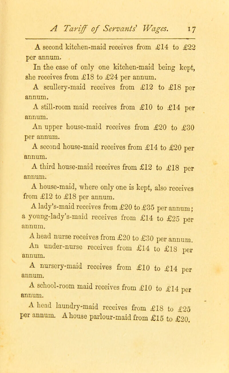 A second kitchen-maid receives from ,£14 to £22 per annum. In the case of only one kitchen-maid being kept, she receives from £18 to £24 per annum. A scullery-maid receives from £12 to £18 per annum. A still-room maid receives from £10 to £14 per annum. An upper house-maid receives from £20 to £30 per annum. A second house-maid receives from £14 to £20 per annum. A third house-maid receives from £12 to £18 per annum. A house-maid, where only one is kept, also receives from £12 to £18 per annum. A lady’s-maid receives from £20 to £35 per annum; a young-lady’s-maid receives from £14 to £25 per annum. Ahead nurse receives from £20 to £30 per annum. An under-nurse receives from £14 to £18 per annum. A nursery-maid receives from £10 to £14 per annum. A school-room maid receives from £10 to £14 per annum. A head laundry-maid receives from £1S to £25 per annum. A house parlour-maid from £15 to £20.