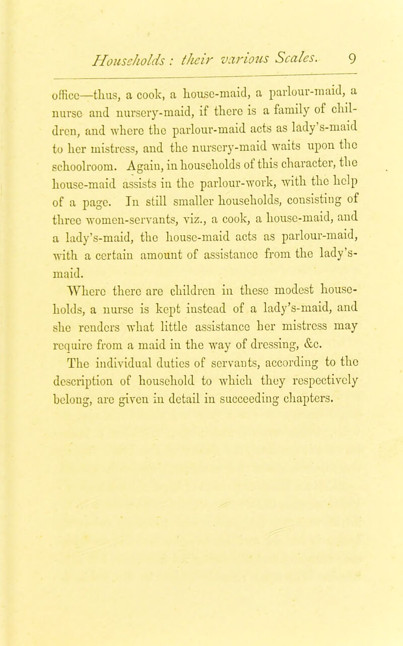 office—thus, a cook, a house-maid, a parlour-maid, a nurse and nursery-maid, if there is a family of chil- dren, and where the parlour-maid acts as lady s-maid to her mistress, and the nursery-maid waits upon the schoolroom. Again, in households of this character, the liouse-maid assists in the parlour-work, with the help of a page. In still smaller households, consisting of three women-servants, viz., a cook, a house-maid, and a lady’s-maid, the house-maid acts as parlour-maid, with a certain amount of assistance from the lady’s- maid. Where there are children in these modest house- holds, a nurse is kept instead of a lady’s-maid, and she renders what little assistance her mistress may require from a maid in the way of dressing, &c. The individual duties of servants, according to the description of household to which they respectively bcloug, are given in detail in succeeding chapters.