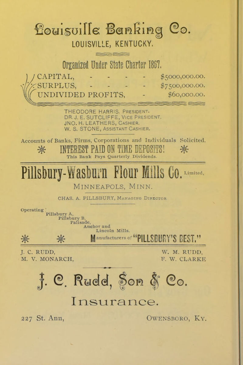 Orpiiizei Under State darter 1887. CAPITAL, 7>r SURPLUS, ^UNDIVIDED PROFITS, $5000,000.00. $7500,000.00. $60,000.00. THEODORE HARRIS. PRESIDENT. DR. J. E. SUTCLIFFE, Vice President. JNO. H. LEATHERS, Cashier. W. S. STONE, Assistant Cashier. Accounts of Banks, Firms, Corporations and Individuals Solicited. # INTEREST PAID OH THE DEPOSITS! This Bank Pays Quarterly Dividends. Msbury-Wasburn Flour Mills Co.— Minneapols, Minn. CHAS. A. PILLSBURY, Managing Director Operating ' Pillsbury A, Pillsbury B, Palisade, Anchor and Lincoln Mills. M anufaeturers of rii PILLSBUFIY'S CEST.” J. C. RUDD, M. V. MONARCH, j. 0. Raelel, ■W. M. RUDD, F. W. CLARKE Insurance.