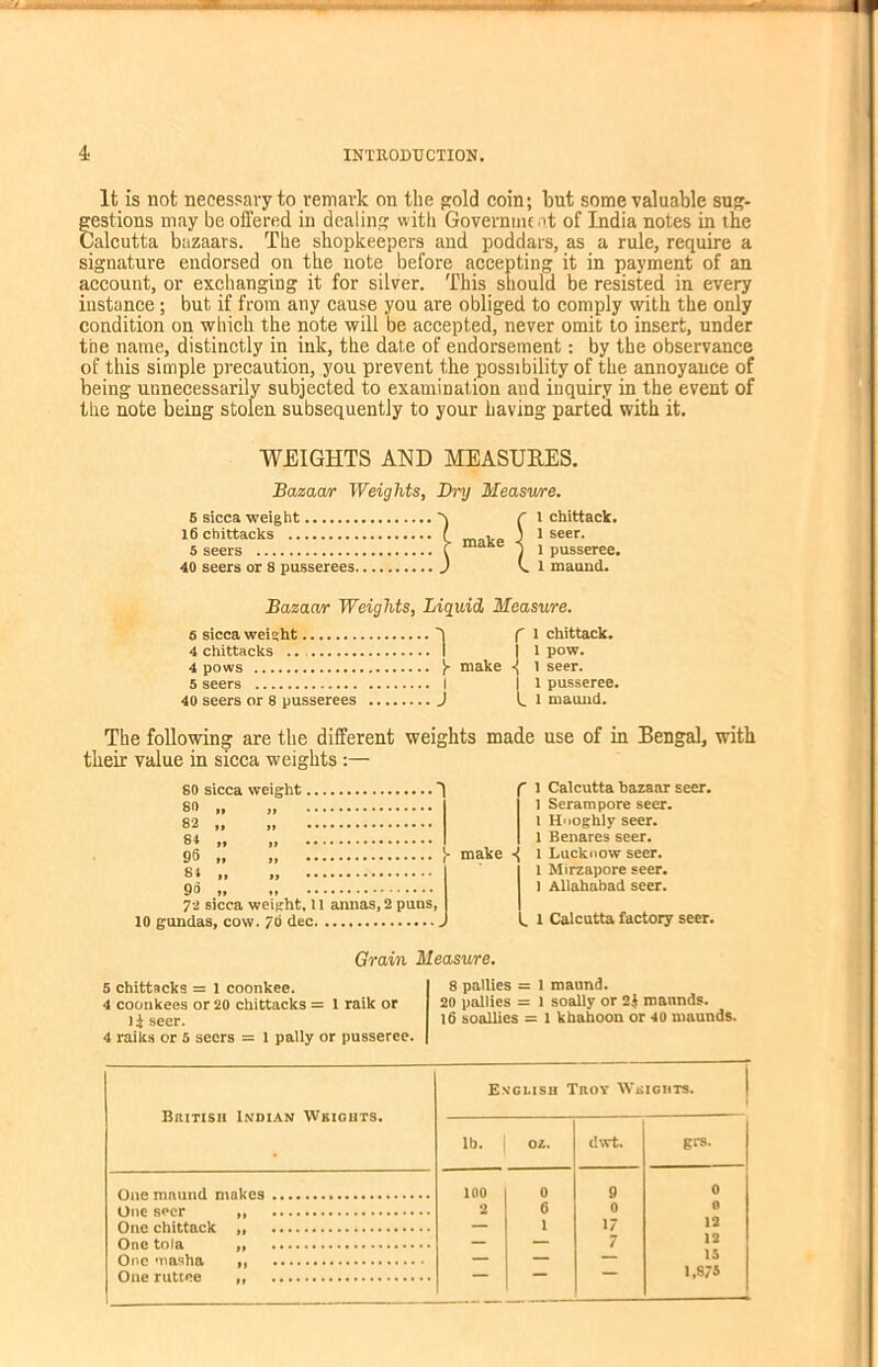 It is not necessary to remark on the old coin; but some valuable sug- gestions may be offered in dealing with Government of India notes in the Calcutta bazaars. The shopkeepers and poddars, as a rule, require a signature endorsed on the note before accepting it in payment of an account, or exchanging it for silver. This should be resisted in every instance; but if from any cause you are obliged to comply with the only condition on which the note will be accepted, never omit to insert, under the name, distinctly in ink, the date of endorsement: by the observance of this simple precaution, you prevent the possibility of the annoyance of being unnecessarily subjected to examination and inquiry in the event of the note being stolen subsequently to your having parted with it. WEIGHTS AND MEASURES. Bazaar Weights, Dry Measure. 6 sicca weight 16 chittacks 5 seers 40 seers or 8 pusserees make 1 chittack. 1 seer, l pusseree. 1 maund. Bazaar Weights, Liquid Measure. 6 sicca weight I f 1 chittack. 4 chittacks .. I I 1 pow. 4 pows make -J 1 seer. 5 seers I I 1 pusseree. 40 seers or 8 pusserees J L 1 mauud. The following are the different weights made use of in Bengal, with their value in sicca weights:— 80 sicca weight. SO „ ,, 82 „ „ 8* ,, ,, 96 >. » St „ „ . 96 j- make ^ 7-2 sicca weight, 11 annas, 2 puns, 10 gundas, cow. 76 dec 1 Calcutta bazaar seer. 1 Seram pore seer, l Hooghly seer. 1 Benares seer, l Lucknow seer. 1 Mirzapore seer. 1 Allahabad seer. 1 Calcutta factory seer. Grain Measure. 5 chittacks = 1 coonkee. 4 coonkees or 20 chittacks = 1 raik or 1J seer. 4 raiks or 5 seers = 1 pally or pusseree. 8 pallies = 1 maund. 20 pallies = 1 soally or 2J mannds. 16 soallies = 1 khahoon or 40 maunds. British Indian Weights. English Troy Weights. lb. Ol. dwt. grs. One maund makes 100 0 9 0 One seer 2 0 0 One chittack „ — 1 17 12 One tola „ — — 7 12 One masha „ — — — 15 One ruttee „ l,S/6