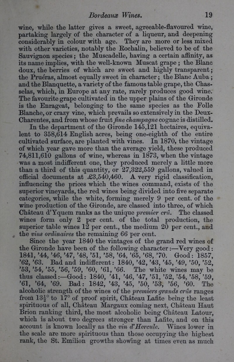 wine, while the latter gives a sweet, agreeable-flavoured wine, partaking largely of the character of a liqueur, and deepening considerably in colour with age. They are more or less mixed with other varieties, notably the Rochalin, believed to be of the Sauvignon species; the Muscadelle, having a certain affinity, as its name implies, with the well-known Muscat grape ; the Blanc doux, the berries of which are sweet and highly transparent; the Prueras, almost equally sweet in character; the Blanc Auba ; and the Blanquette, a variety of the famous table grape, the Chas- selas, which, in Europe at any rate, rarely produces good wine. The favourite grape cultivated in the upper plains of the Gironde is the Enrageat, belonging to the same species as the Eolle Blanche, or crazy vine, which prevails so extensively in the Deux- Charentes, and from whose fruit fine champagne cognac is distilled. In the department of the Gironde 145,121 hectaires, equiva- lent to 358,614 English acres, being one-eighth of the entire cultivated surface, are planted with vines. In 1870, the vintage of which year gave more than the average yield, these produced 74,811,610 gallons of wine, whereas in 1873, when the vintage was a most indifferent one, they produced merely a little more than a third of this quantity, or 27,322,559 gallons, valued in official documents at <£3,540,460. A very rigid classification, influencing the prices which the wines command, exists of the superior vineyards, the red wines being divided into five separate categories, while the white, forming merely 9 per cent, of the wine production of the Gironde, are classed into three, of which Chateau d’Yquem ranks as the unique 'premier cru. The classed wines form only 2 per cent, of the total production, the superior table wines 12 per cent., the medium 20 per cent., and the vins ordinaires the remaining 66 per cent. Since the year 1840 the vintages of the grand red wines of the Gironde have been of the following character:—Very good: 1841, ’44, ’46, *47, ’48, ’51, ’58, ’64, ’65, ’68, ’70. Good: 1857, ’62, ’63. Bad and indifferent: 1840, ’42, ’43, ’45, ’49, ’50, ’52, ’53, ’54, ’55, ’56, ’59, ’60, ’61, ’66. The white wines may be thus classed:—Good: 1840, ’41, ’46, ’47, ’51, ’52, ’54, ’58, ’59, ’61, ’64, ’69. Bad: 1842, ’43, ’45, ’50, ’53, ’56, ’60. The alcoholic strength of the wines of the premiers grands crus ranges from 13 J° to 17° of proof spirit, Chateau Lafite being the least spirituous of all, Chateau Margaux coming next, Chateau Haut Brion ranking third, the most alcoholic being Chateau Latour, which is about two degrees stronger than Lafite, and on this account is known locally as the vin d’Hercule. Wines lower in the scale are more spirituous than those occupying the highest rank, the St. Emilion growths showing at times even as much
