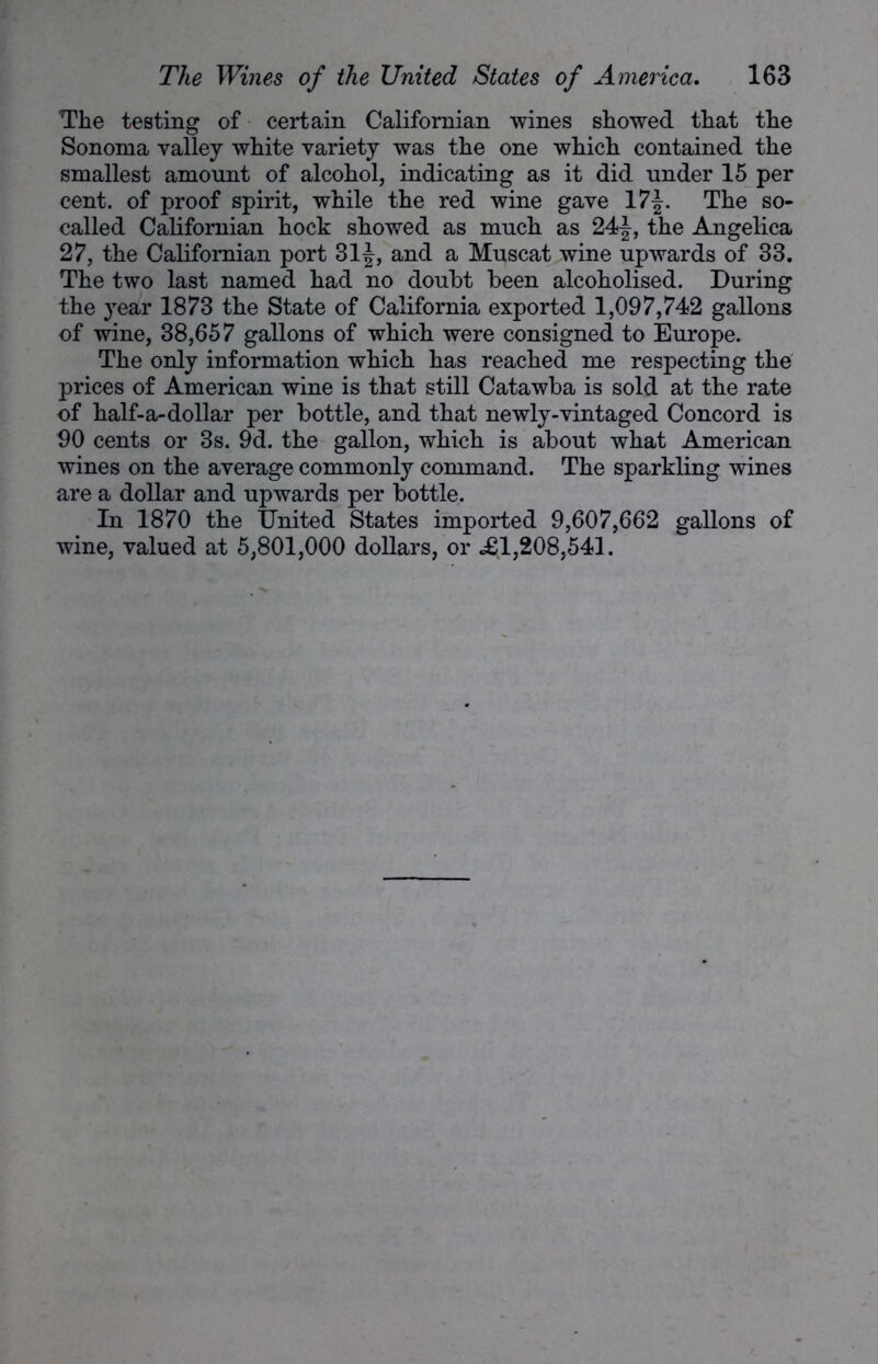 The testing of certain Californian wines showed that the Sonoma valley white variety was the one which contained the smallest amount of alcohol, indicating as it did under 15 per cent, of proof spirit, while the red wine gave 17f. The so- called Californian hock showed as much as 24J, the Angelica 27, the Californian port 31J, and a Muscat wine upwards of 33. The two last named had no doubt been alcoholised. During the year 1873 the State of California exported 1,097,742 gallons of wine, 38,657 gallons of which were consigned to Europe. The only information which has reached me respecting the prices of American wine is that still Catawba is sold at the rate of half-a-dollar per bottle, and that newly-vintaged Concord is 90 cents or 3s. 9d. the gallon, which is about what American wines on the average commonly command. The sparkling wines are a dollar and upwards per bottle. In 1870 the United States imported 9,607,662 gallons of wine, valued at 5,801,000 dollars, or £1,208,541.